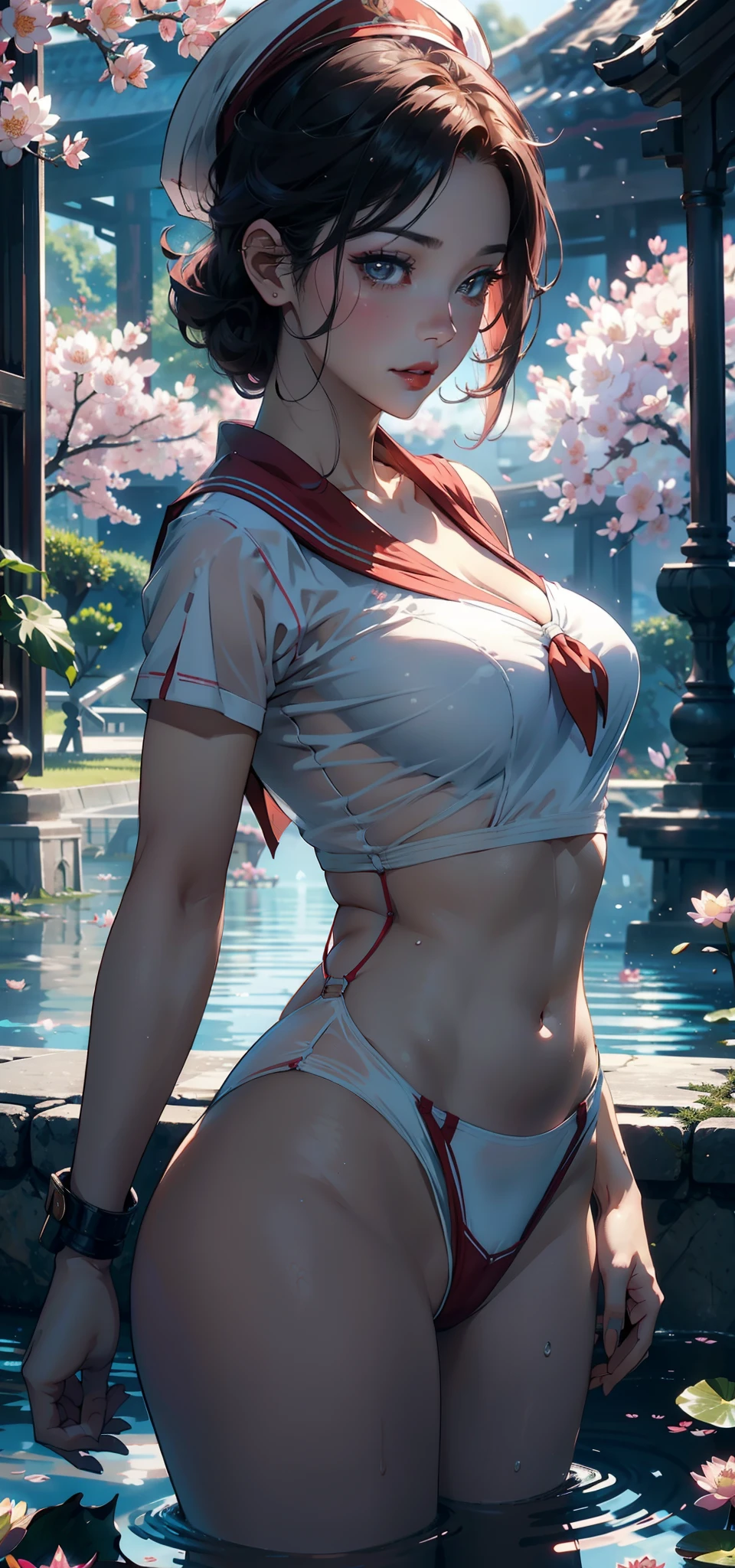 （Background with：ponds，Cherry blossom forest，lotus flower）Lie underwater， She has short pink hair，seen from the front，， mostly cloudy sky，（（（tmasterpiece），（Very detailed CG unity 8K wallpaper），best qualtiy，cinmatic lighting，detailed back ground，beatiful detailed eyes，Bright pupils，Black eyes，Snow-whiteskin，Redlip（Very fine and beautiful），（Beautiful and detailed eye description），ultra - detailed，tmasterpiece，））facing at camera，A high resolution，ultra - detailed），revealing breasts，Bare genitalia，  Bulge，legs are open，Raised sexy，Camel toes，Desire for dissatisfaction，frontage，（Wearing：，See-through sailor suit，red neckchief，Sailor's cap。Bare ，Superman uniform）