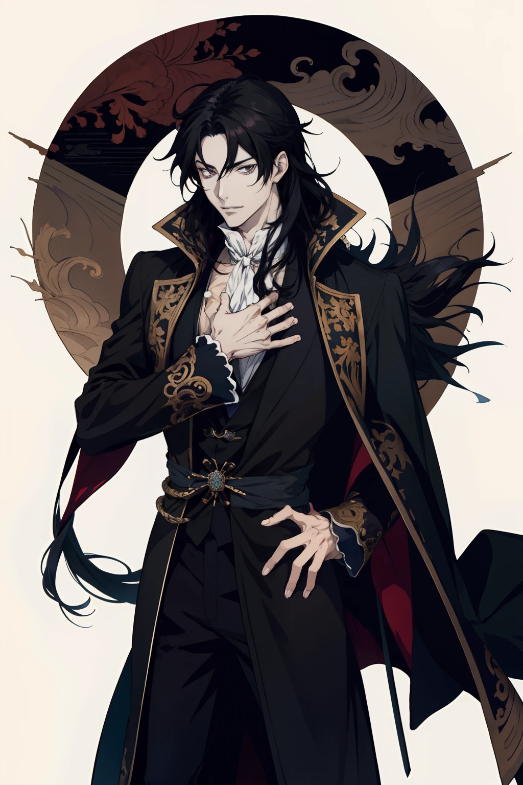 anime drawing of a man Regal Victorian era inspired anime guy with long black hair and a furry coat, handsome guy in demon slayer art, inspired by Okumura Masanobu, roguish smirk, inspired by Yamagata Hiro, anime handsome man, anime portrait of a handsome man, okata kazuto, aragorn in an anime world, kentaro miura art style