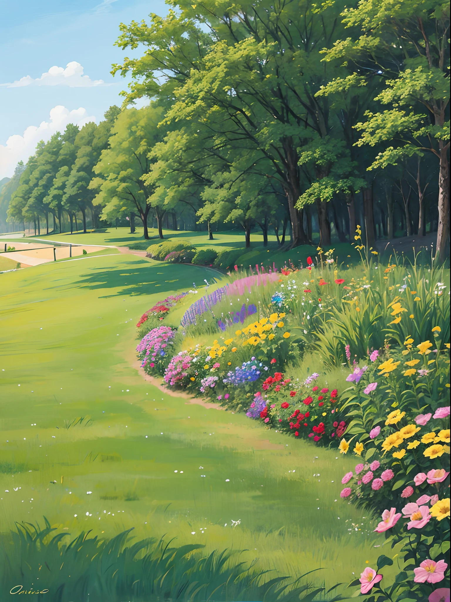 Obverse, caricature, sideways, Sorissos, this is a spring landscape painting, countryside, multicolored flowers, sunny, multicolored flowers