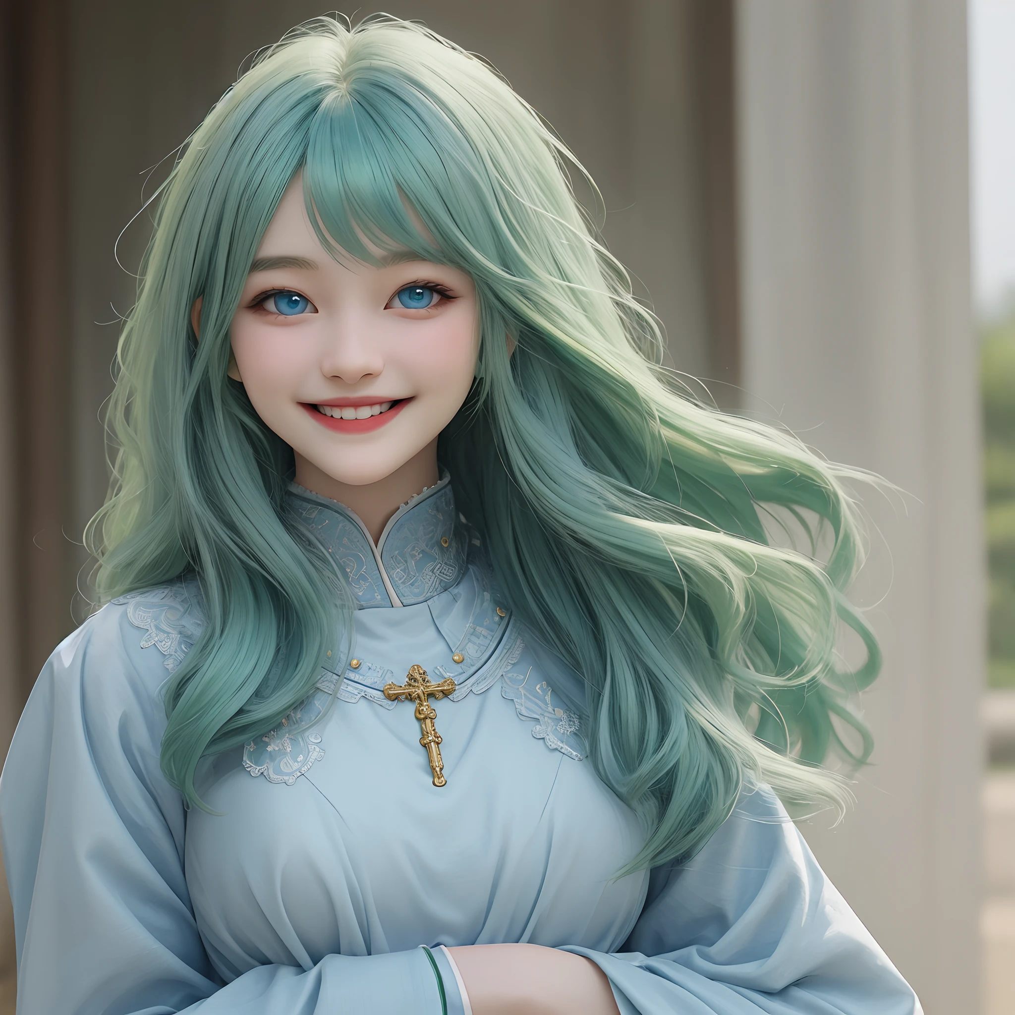 Green hair, 1girll, Religious dress, Smile,,Blue eyes,long whitr hair
