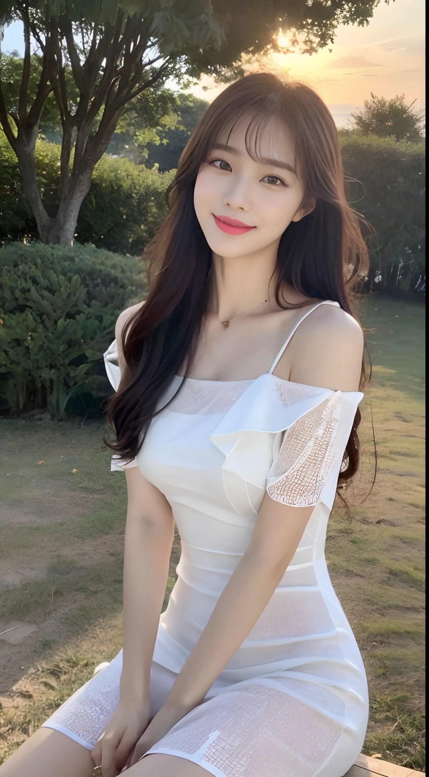 (1 Korean star with royal sister style), ((Best quality, 8K, 巨作: 1.3)), focal point: 1.2, Perfect body proportions: 1.4, (Make a smile), (Sunset: 1.3), Watery eyes, Highly Detailed Face and Skin Textur, Fine eyes, Double eyelids, Whitens the skin, (long whitr hair, Air bangs: 1.3), (Round face inches: 1.5), (Wet dress dress: 1.4), (Sketch 1:2,)rural landscape。 Take photos while sitting in a medium-to-long distance pose。