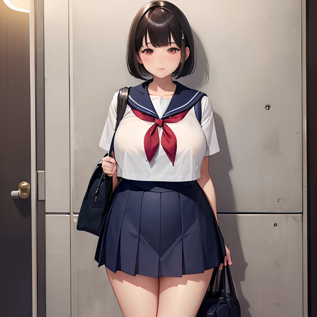 high-level image quality、
Female A(A dark-haired、bob cuts、Red Eyes、、Short stature、bbw、 plump curves、Soft and round、 Adorable appearance、 sweet temperament、large full breasts)、 ((Blushing face))、(a sailor suit、Dark blue high socks、Brown loafers、Big black backpack)、Inside the station、Leaning against the wall