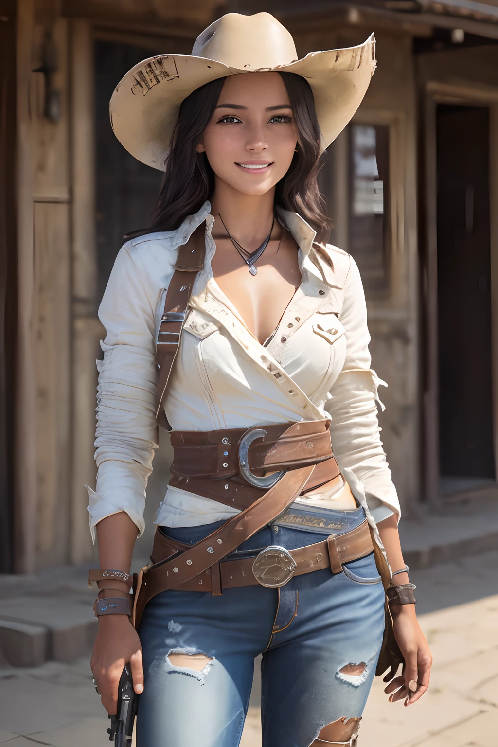 Townscape of the Wild West,the setting sun.Wasteland,Gunslinger Costume,Short leather jacket with open front,Torn and tattered white shirt,Torn and tattered damaged jeans,(Wrap the gun belt around your waist:1.3),(gun holster:1.3),Equipped with a Winchester M73 rifle on her chest,Cowboy Hat,(Generate globally beautiful women images,Especially while reflecting elements of Western beauty,Woman with natural smile and attractive expression,Transparent skin,sparkle in eyes,Expresses an elegant atmosphere,(in 8K, Raw photo, Best Quality, masutepiece),Sunlight ,Cinematic lighting,(Realistic, Photorealsitic),