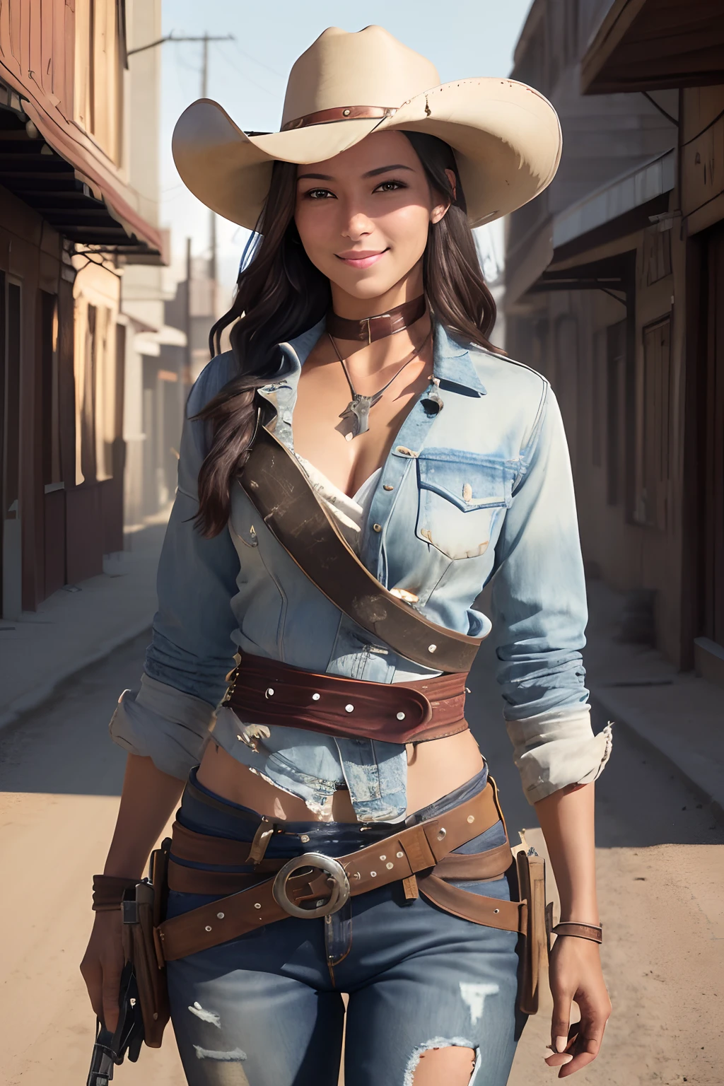 Townscape of the Wild West,the setting sun.Wasteland,Gunslinger Costume,Short leather jacket with open front,Torn and tattered white shirt,Torn and tattered damaged jeans,(Wrap the gun belt around your waist:1.3),(gun holster:1.3),Equipped with a Winchester M73 rifle on her chest,Cowboy Hat,(Generate globally beautiful women images,Especially while reflecting elements of Western beauty,Woman with natural smile and attractive expression,Transparent skin,sparkle in eyes,Expresses an elegant atmosphere,(in 8K, Raw photo, Best Quality, masutepiece),Sunlight ,Cinematic lighting,(Realistic, Photorealsitic),