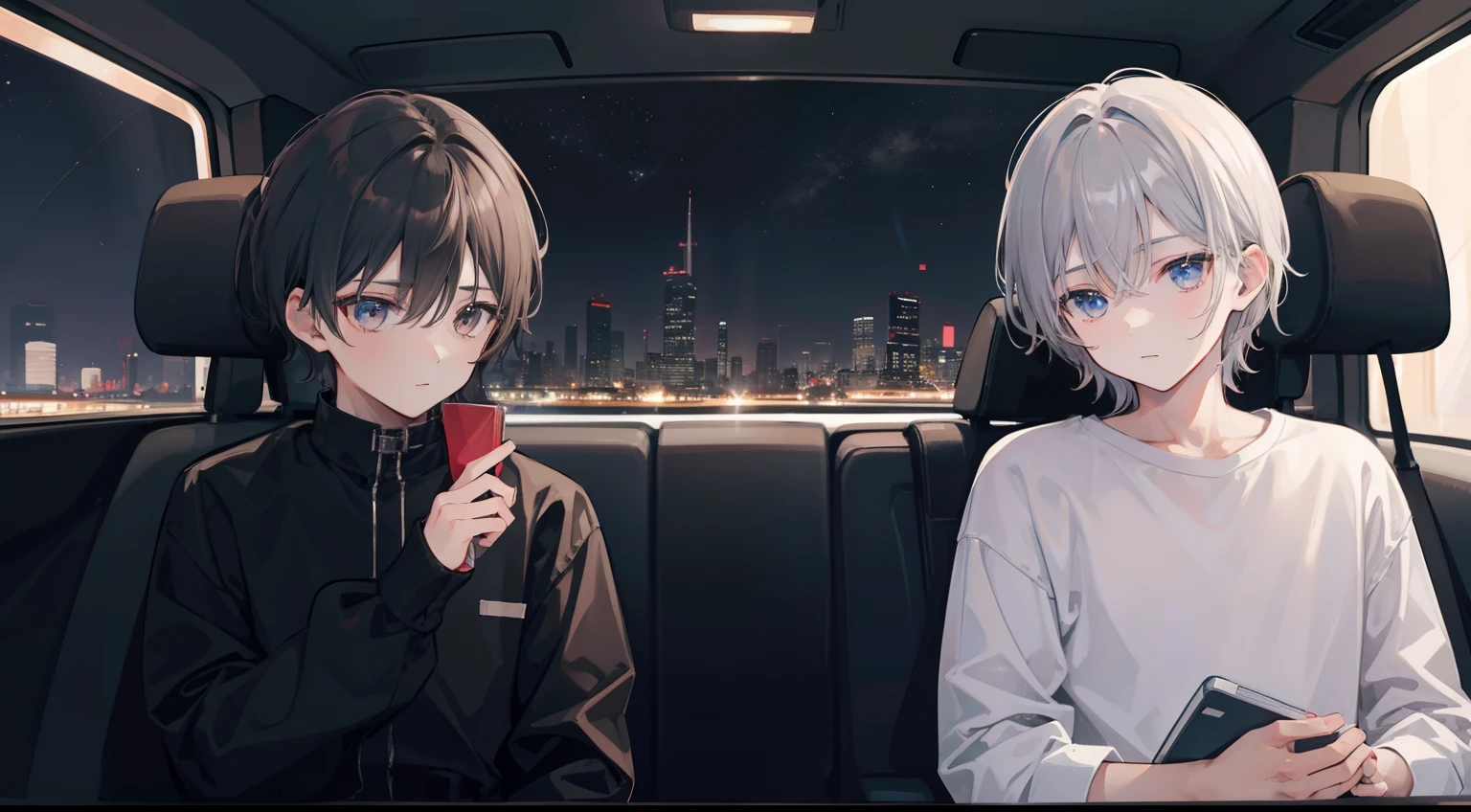 nighttime scene、Two Boys, Silver-haired boy and brown-haired boy,guido、In the car、Boys Love、Talking、hight resolution、ultra-detailliert