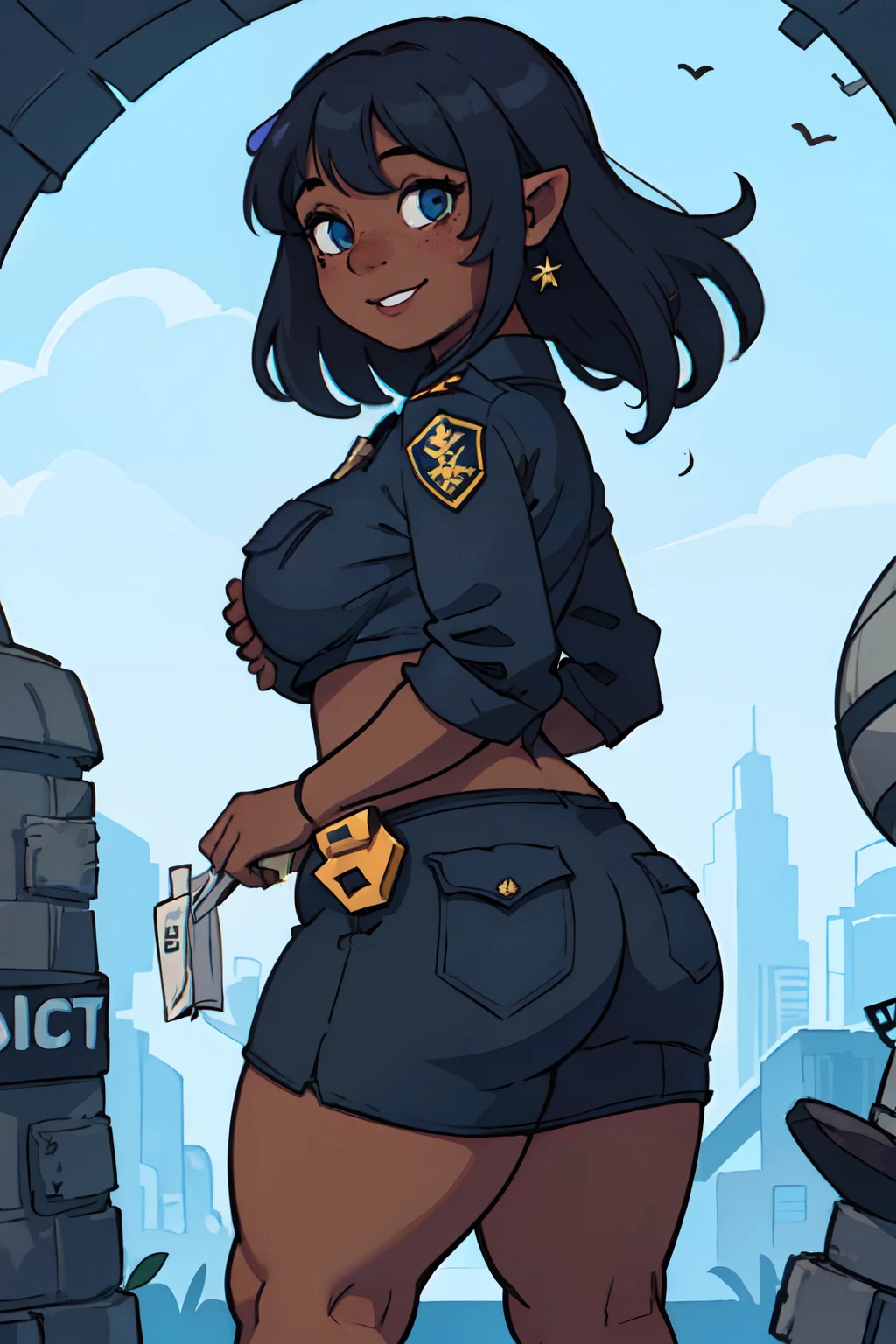 (1girl: 1.9), ((solo)), (dark skinned:1.8), goblin_girl, azure_blue_hair, very long hair, wide body, (small stature: 1.5), (huge breast: 2), hair between eyes, wide hips, blue eyes, wide legs, mole, mole on chest, age up, lips, big lips, big noise, thick eyebrows, (chubby:1.6), freckles, smile, (police officer: 1.6), police uniform, patrol, (from back: 1.5)