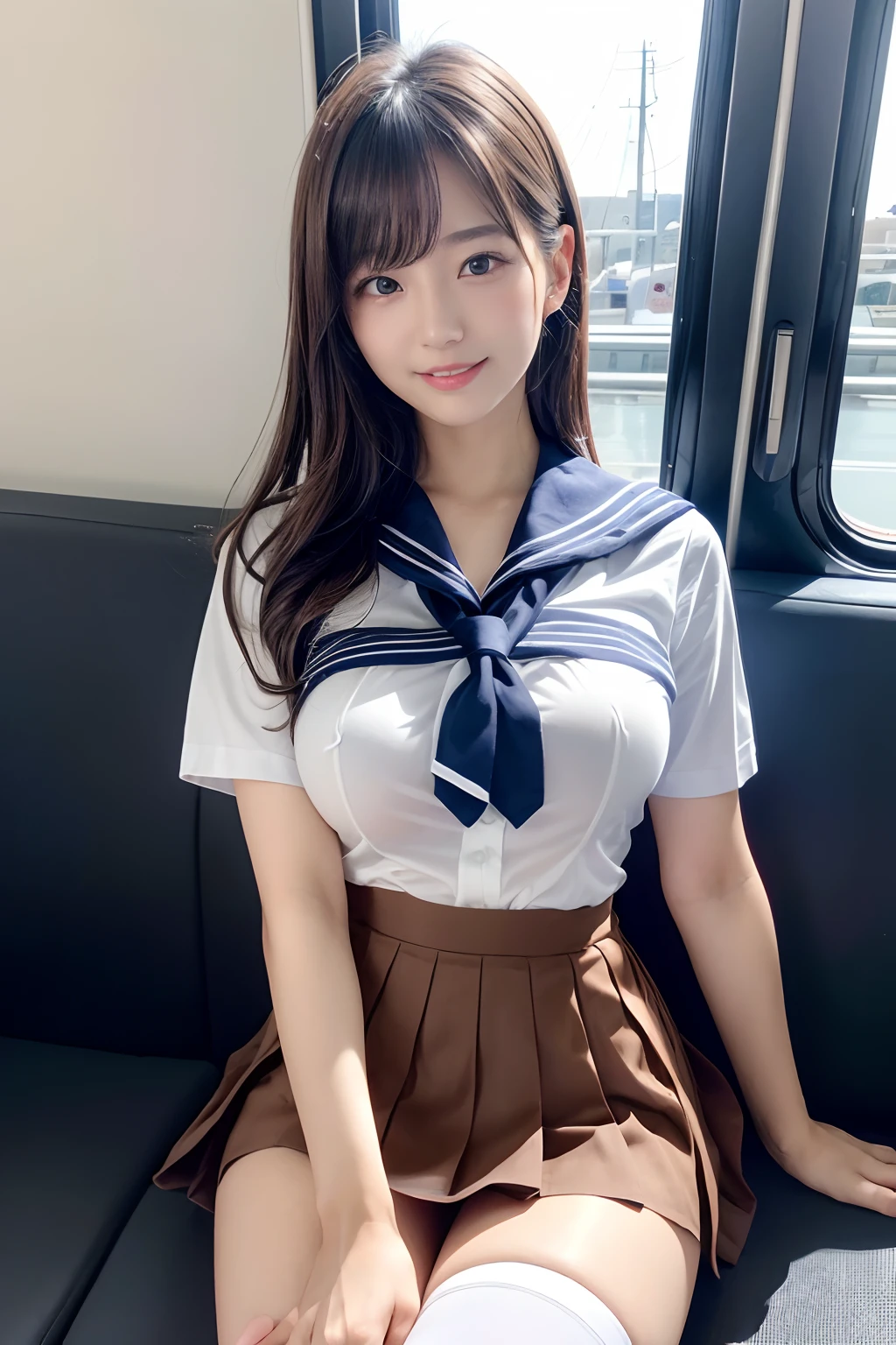 top-quality,ultra-detailliert,masterpiece,realisitic,Photo Real,Bright lighting,1 girl in, an extremely beautiful -yeld gi (kawaii:1.2),Thin smile, (Brown eyes),(brown haired),(bangss),perfect glossy skin,flawless skin,((erotick,Sexy and sexually explicit)),((accurate hands without incongruity)), large full breasts,big breasts thin waist, Look at viewers,((a sailor suit)),((Short sleeve uniform white shirt)),(red necktie),(Blue Mini Pleated Skirt),(((skirt lift by yourself))),(lifted by self),(Showing panties),panties on,panties focus,((Sit up,spread legswide)), sockes, (Black knee socks),(Loafer shoes), during daytime,On the train,Horizontal long seat with your back to the window((乃木坂アイドル、韓国アイドル、hposing Gravure Idol、((女優))、25-years old、tall:1.2、cafes、resturant、Italy、Americans、Australia、Glamour)),