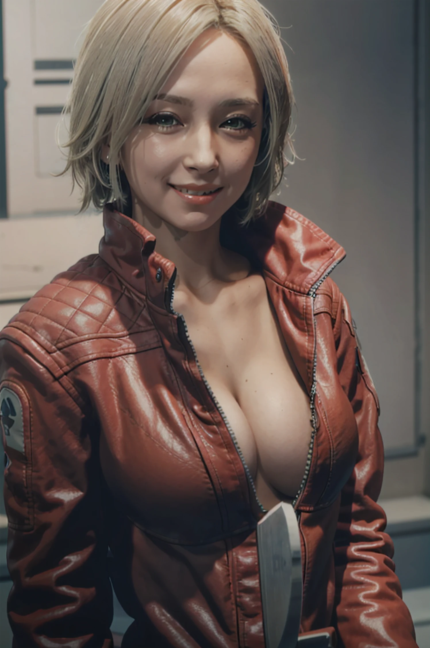 an anime rendering of a topless woman holding a knife with a knife, 1girl, breasts, solo, blonde hair, cleavage, Salast Field, Solo, Realistic, Jacket, Leather jacket, Huge breasts,Blonde hair, Looking at Viewer, seductive grin smug,Leather, Upper body, Shirt, Short hair, Red jacket, Lips, Brown hair, Blue eyes