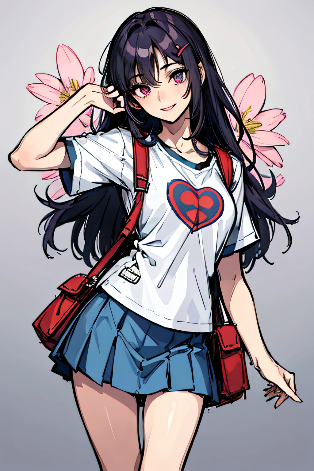 (absurdres, 8k, 4k, masterpiece, hyper extreme detailed:1.2), solo, 1girl, front view, perfect face, 1girl, portrait, looking at viewer, solo, standing, Female, Mature Female, expressive eyes, perfect face, dark purple hair, 1girl, messy hair, perfect anatomy, adult, standing, straight hair, pale, full body, medium hair, perfect anatomy, friendly, happy, good, good natured, kind, kindhearted, understanding, honesty, integrity, empathy, empathic, smile, nice, happy, expressive, cute, caring, Compassionate, Humility, Integrity, Forgiveness, forgiving, sparkling eyes, expressive eyes, hair covering forehead, swept bangs, medium bust, t-shirt, cute outfit, blue skirt, wholesome, Patience, love, loving, Generous, savior, saint, saintly, devoted, selfless, Positive, Encouraging, polite, courage, courageous, Considerate, unselfish, Diligent, warm, welcoming, Temperate, Cooperative, faithful, Imaginative, Fairness, fair, perfect, normal, 1girl, cutesy, pins, hairpins, bedroom background, colorful, backpack, flowers, flowers in hair, slender, slim, beautiful, wonderful, college student, warm smile, clasped hands, tilted head, hope, integrity, inspiring, benevolent, huggable, cute outfit, cute bag,