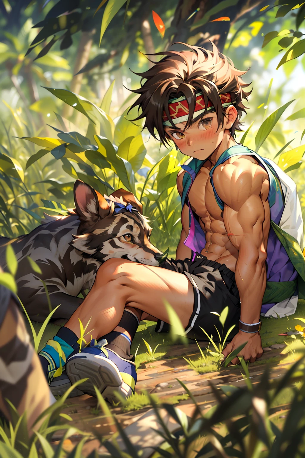 (Masterpiece, Best quality 12 year old boy,Shota), 1boys, Young,Muscular, Short hair, with brown eye, Intricate, Grass, full bodyesbian, Shirtless, Muscles sparkle in the sun,Black shorts, green headband, Vivid colors,(Depth of field:1.2),(Abs),Blush, view the viewer, Sit on grass,