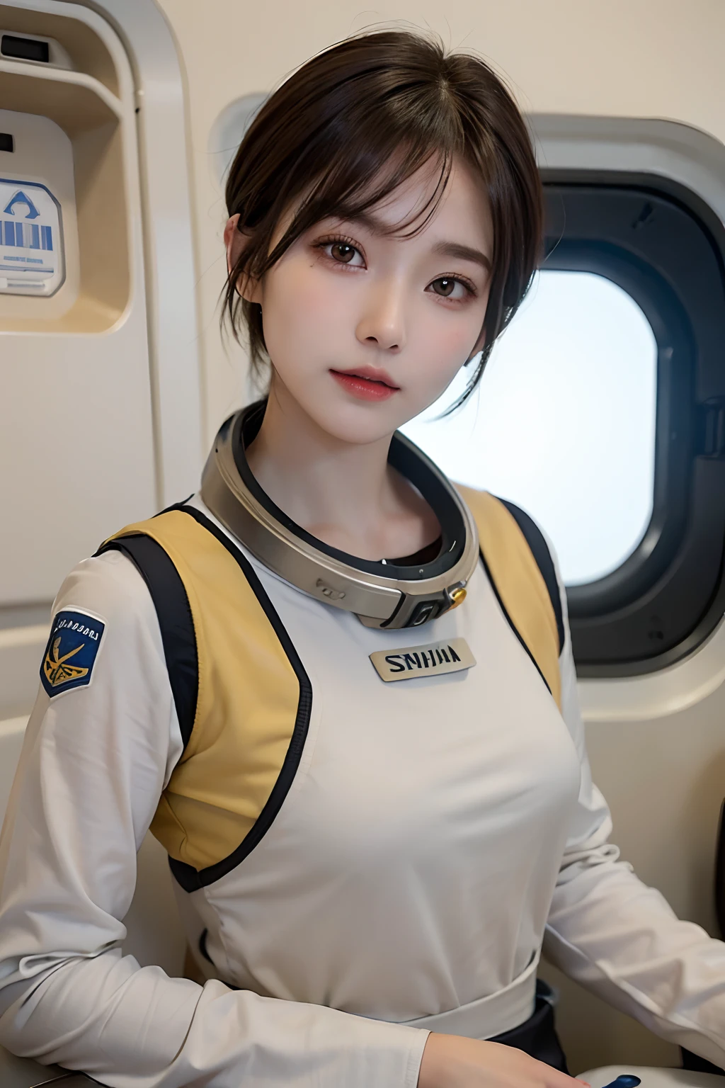 top-quality、​masterpiece、超A high resolution、(realisitic:1.4)、Beautuful Women１、Beautiful detail eyes and skin、ssmile、Light brown short-cut hair、The perfect spacesuit、Inside the spacecraft、Sand Planet、sandstorm、