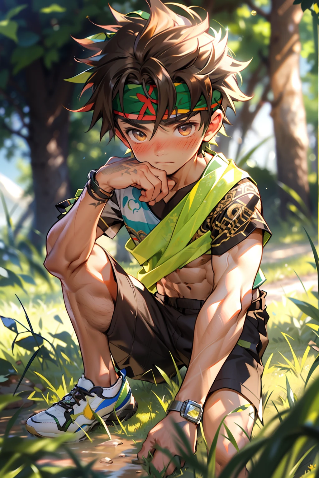 (Masterpiece, Best quality 12 year old boy,Shota), 1boys, Young,Muscular, Short hair, with brown eye, Intricate, Grass, full bodyesbian, Shirtless, Muscles sparkle in the sun,Black shorts, green headband, Vivid colors,(Depth of field:1.2),(Abs),Blush, view the viewer, Sit on grass,