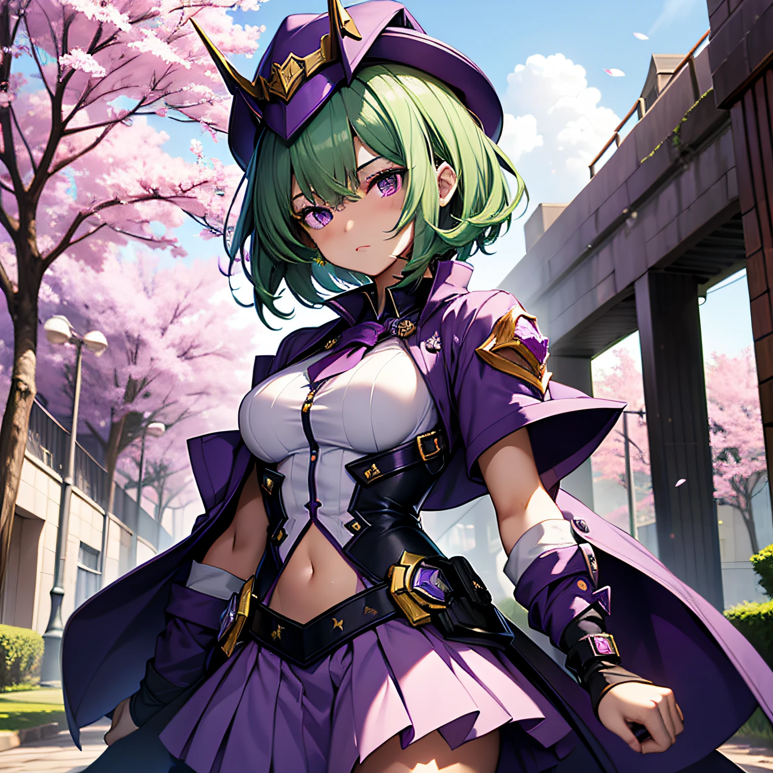 top-quality、extremely delicate and beautiful、(A teenage girl)、Purple Eye、Green hair、short-haired、(Purple pointy hat)、Purple tie、Soio、shortsleeves、Purple skirt、Purple Wizard Robe、Navel、is standing、Cherry blossoms on background、fist