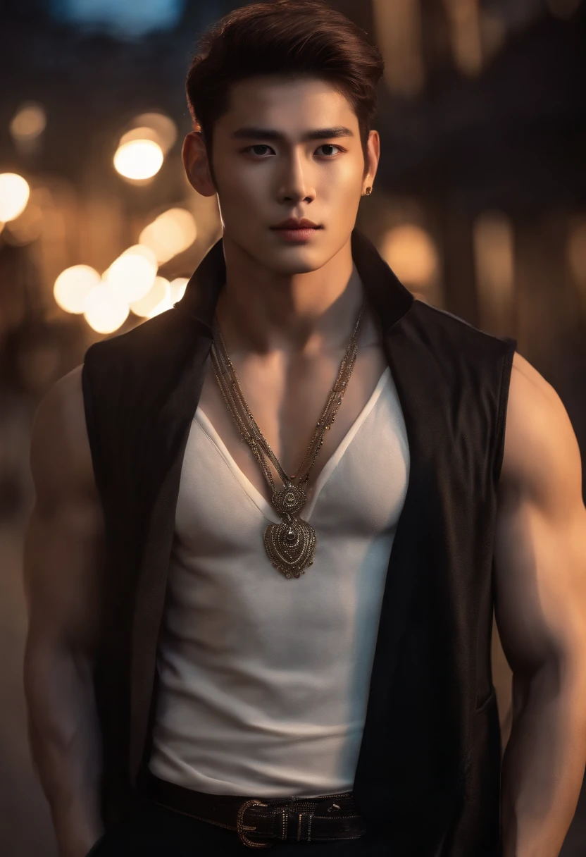 8K, Masterpiece, RAW photography, Best quality, Photorealistic, Highly detailed CG unity 8K wallpaper, Depth of field, Cinematic light, Lens flare, Ray tracing, (Extremely beautiful and attractive face, Beautiful lips, Beautiful eyes), intricate detailed face, (ultra detailed skin), 1 man,dress thai traditional,no shirt,abs, In nature,sexy and hottie body, In deep shadows, Beautiful European male, Kpop idol, 1 male,(looki at viewer), (Great firm look) :1.3), (Sleeveless), (Fashion night,night temple, Neon signs, Blurred background), Fashion Street Night, (people in the back:1.3), Beautiful earrings, bangle, necklace, Pantyhose, Clear eyes, Walking, (Pale skin), (Big eyes), Face forward, (upperbody shots), (baggy clothes:1.3), (Brown hair), (Bosh costumes, (Transparent), (looki at viewer:1.3) Very strong ,, Turn around, (Back shot), Transparent, Medium sized buttocks.Wear a mask,Wear a mask,Wear a mask,Wear a mask,Wear a mask,Wear a mask,Wear a mask,Wear a mask,Wear a mask,Wear a mask,