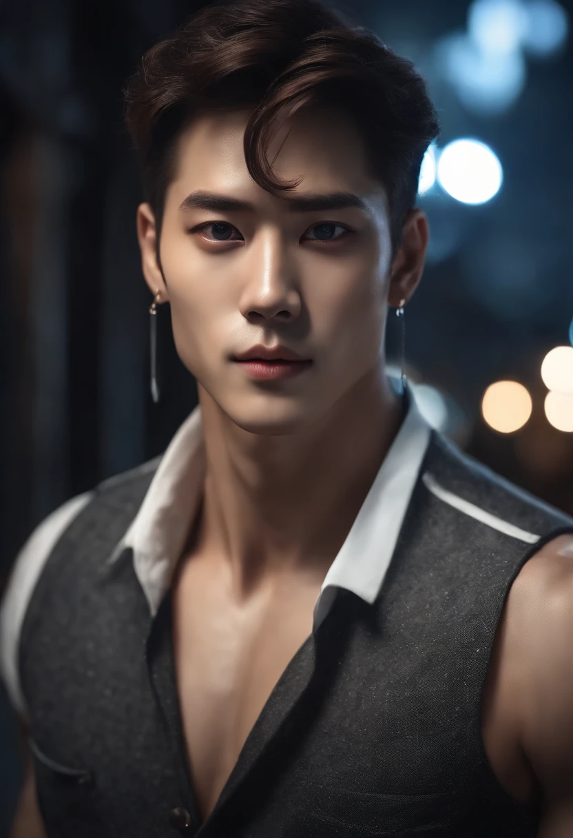 8K, Masterpiece, RAW photography, Best quality, Photorealistic, Highly detailed CG unity 8K wallpaper, Depth of field, Cinematic light, Lens flare, Ray tracing, (Extremely beautiful and attractive face, Beautiful lips, Beautiful eyes), intricate detailed face, (ultra detailed skin), 1 man, In nature, In deep shadows, Beautiful European male, Kpop idol, 1 male, (Very strong and muscular body:1.3), (looki at viewer), (Great firm look) :1.3), (Sleeveless), (Fashion night, Dark night, Neon signs, Blurred background), Fashion Street Night, (people in the back:1.3), Beautiful earrings, bangle, necklace, Pantyhose, Clear eyes, Walking, (Pale skin), (Big eyes), Face forward, (upperbody shots), (baggy clothes:1.3), (Brown hair), (Bosh costumes, (Transparent), (looki at viewer:1.3) Very strong ,, Turn around, (Back shot), Transparent, Medium sized buttocks.