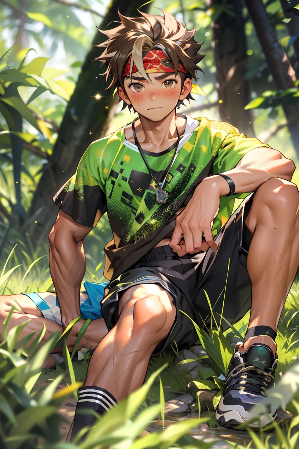 (Masterpiece, Best quality 12 year old boy,Shota), 1boys, Young,Muscular, Short hair, with brown eye, Intricate, Grass, full bodyesbian, Shirtless, Muscles sparkle in the sun,Black shorts, green headband, Vivid colors,(Depth of field:1.2),(Abs),Blush, view the viewer, Sit on grass,