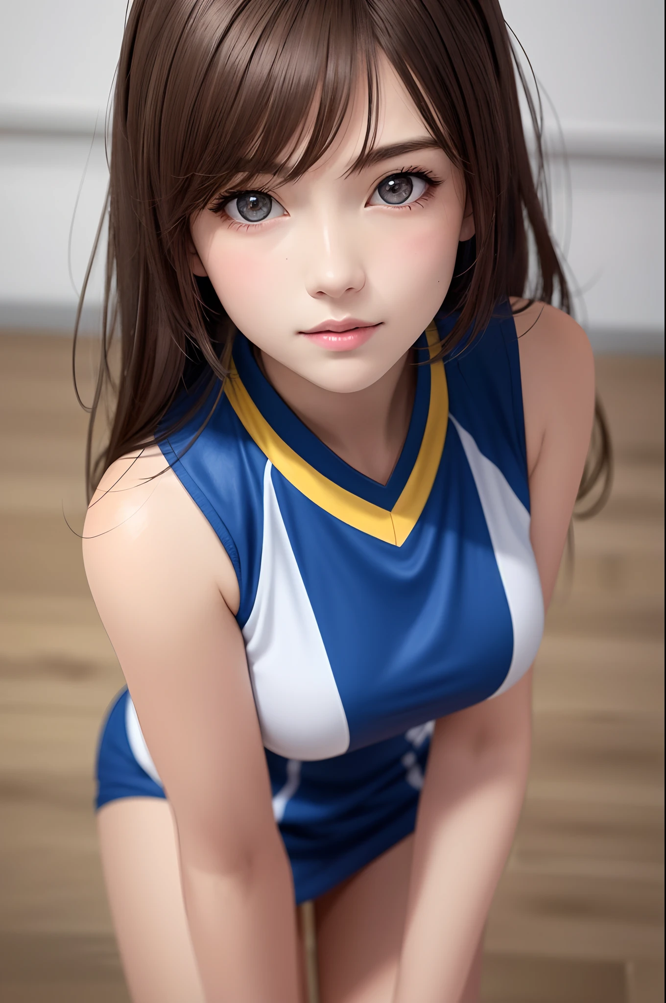 8K,top-quality,Real Image,intricate detailes,超A high resolution,Depth Field,masuter piece,natural soft light,profetional lighting,1 girl in,(cute little:1.2),Very beautiful  cartoon girl, photorealistic anime girl render, realistic anime 3 d style,A detailed eye,((Brown-eyed)),(Brown hair),(bangss), Blake Super Detail Face, Detailed eyes, (light brown hair, Large breasts: 1.2), (Volleyball uniform,Bloomer),Gymnasium