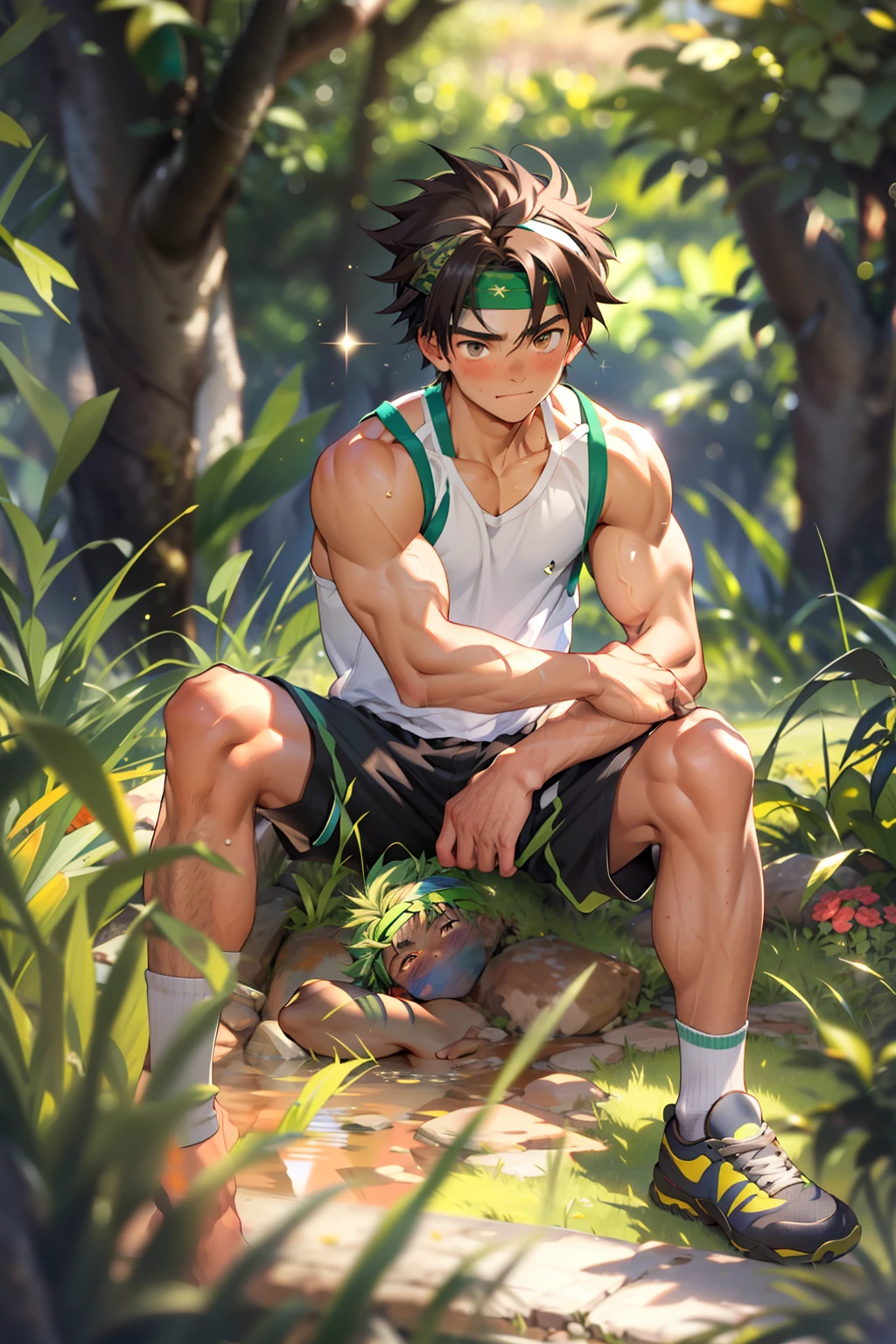 (Masterpiece, Best quality 12 year old boy，Shota), 1boys, Young,Muscular, Short hair, with brown eye, Intricate, Grass, full bodyesbian, Shirtless, Muscles sparkle in the sun,Black shorts,  green headband, Vivid colors,(Depth of field:1.2),(Abs),Blush, view the viewer, Sit on grass,