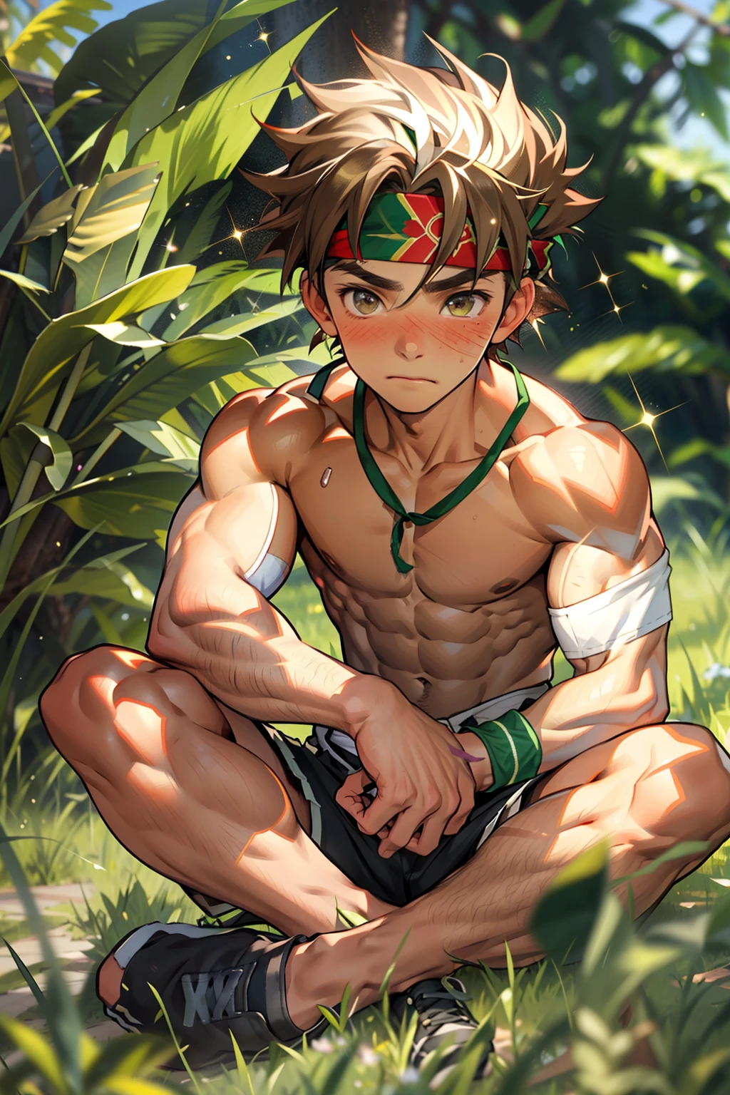 (Masterpiece, Best quality 12 year old boy,Shota), 1boys, Young,Muscular, Short hair, with brown eye, Intricate, Grass, full bodyesbian, Shirtless, Muscles sparkle in the sun,Black shorts, green headband, Vivid colors,(Depth of field:1.2),(Abs),Blush, view the viewer, Sit on grass,