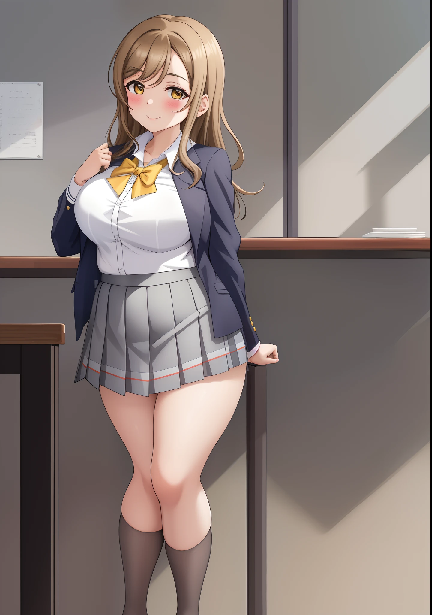 masterpiece, best quality,solo, (kunikida hanamaru), curvy body, (grey skirt:0.981), (school uniform:0.981),(uranohoshi school uniform:0.959), midriff,(smile:0.935), (pleated skirt:0.918), (breasts:0.878), (brown hair:0.875), (sailor collar:0.755), (neckerchief:0.749), (looking at viewer:0.699), (large breasts:1.0),(blush:0.605), llchar, (Skin tight:1.2), School, class, Blush, standing, Closed mouth