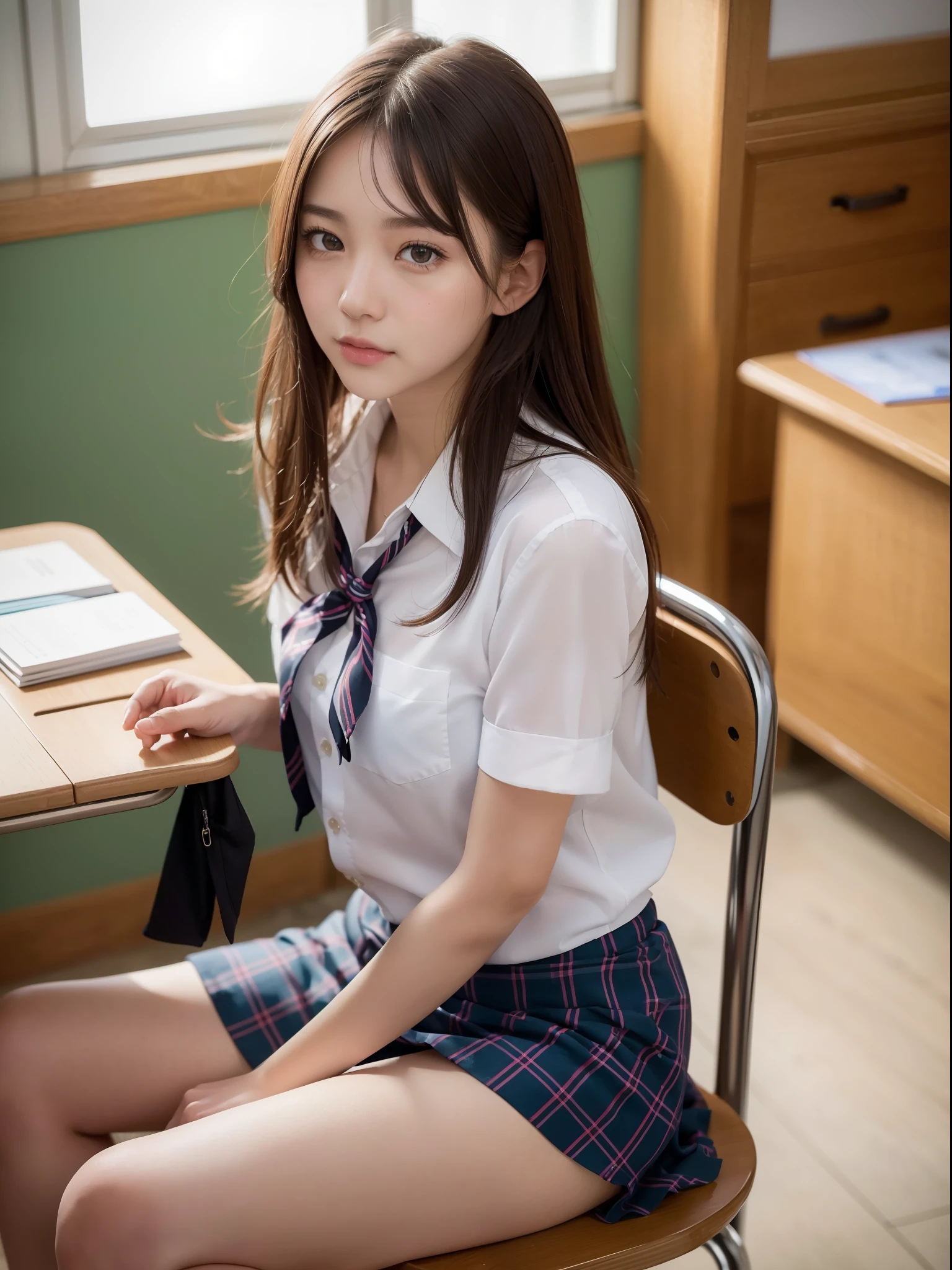 ((of the highest quality, 8K, masutepiece: 1.3, Raw photo)), Sharp Focus: 1.2, (1 AESPA Girl :1.1), Solo, (Realistic, Photorealistic: 1.37), (Face Focus: 1.1), Cute face, hyperdetailed face, brunette short messy hair, Small Smile, nude, (taking off school uniform like chiffon shirt, Roll up the skirt: 1.3), check skirt, thigh, Sitting with one knee up, classroom, flower, lily