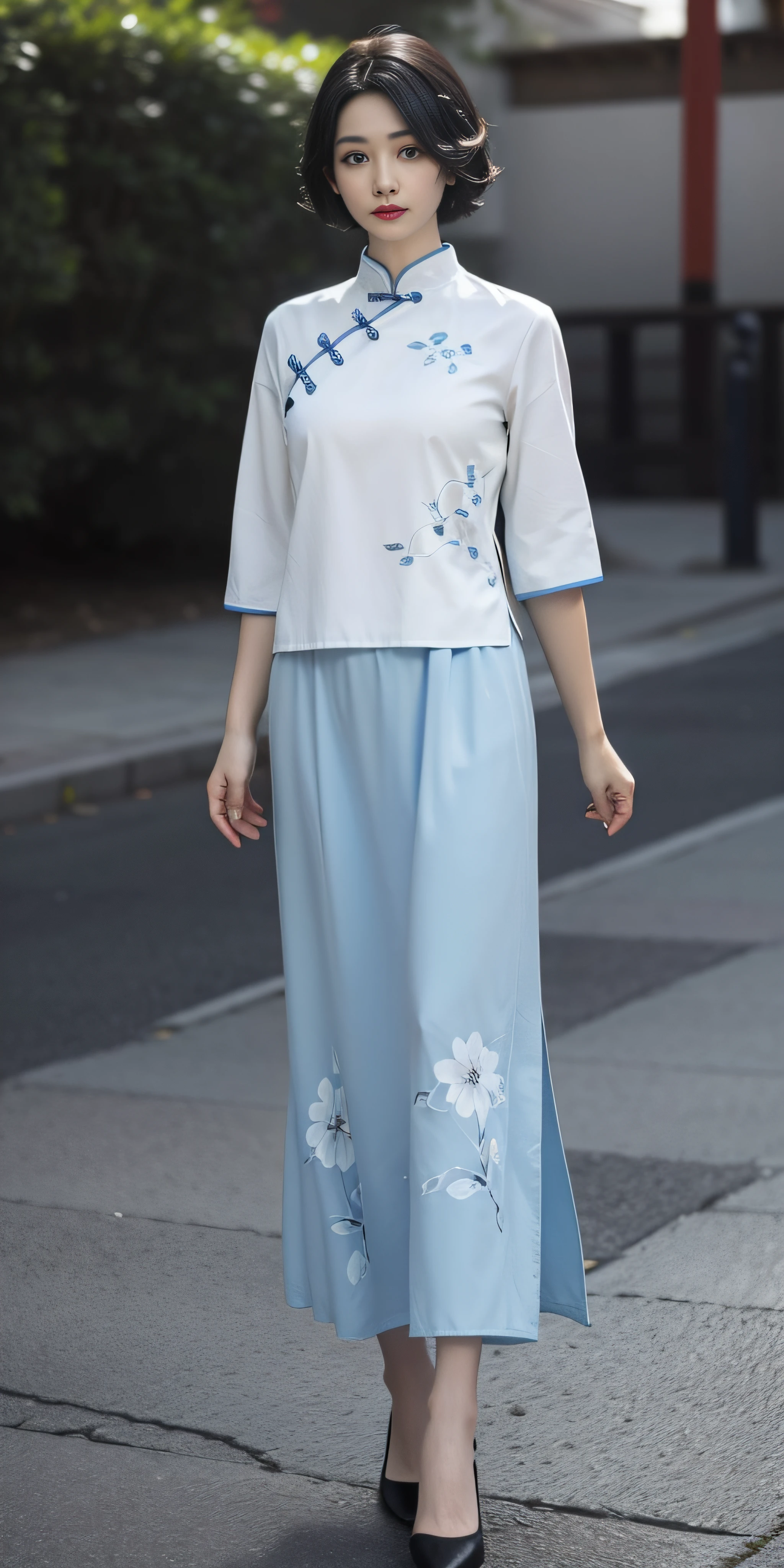 (blue chinese upshirt:1.2),(floral printed chinese upshirt:1.2),(white long skirt:1.2),(floral printed long skirt:1.2),1 girl,full body, high heels,(short hair:1.1), (realistic:1.7),((best quality)),absurdres,(ultra high res),(photorealistic:1.6),photorealistic,octane render,(hyperrealistic:1.2), (photorealistic face:1.2), (8k), (4k), (Masterpiece),(realistic skin texture), (illustration, cinematic lighting,wallpaper),( beautiful eyes:1.2),((((perfect face)))),(cute),(standing),(black hair),(short hair),black eyes,red lips, (outdoors),