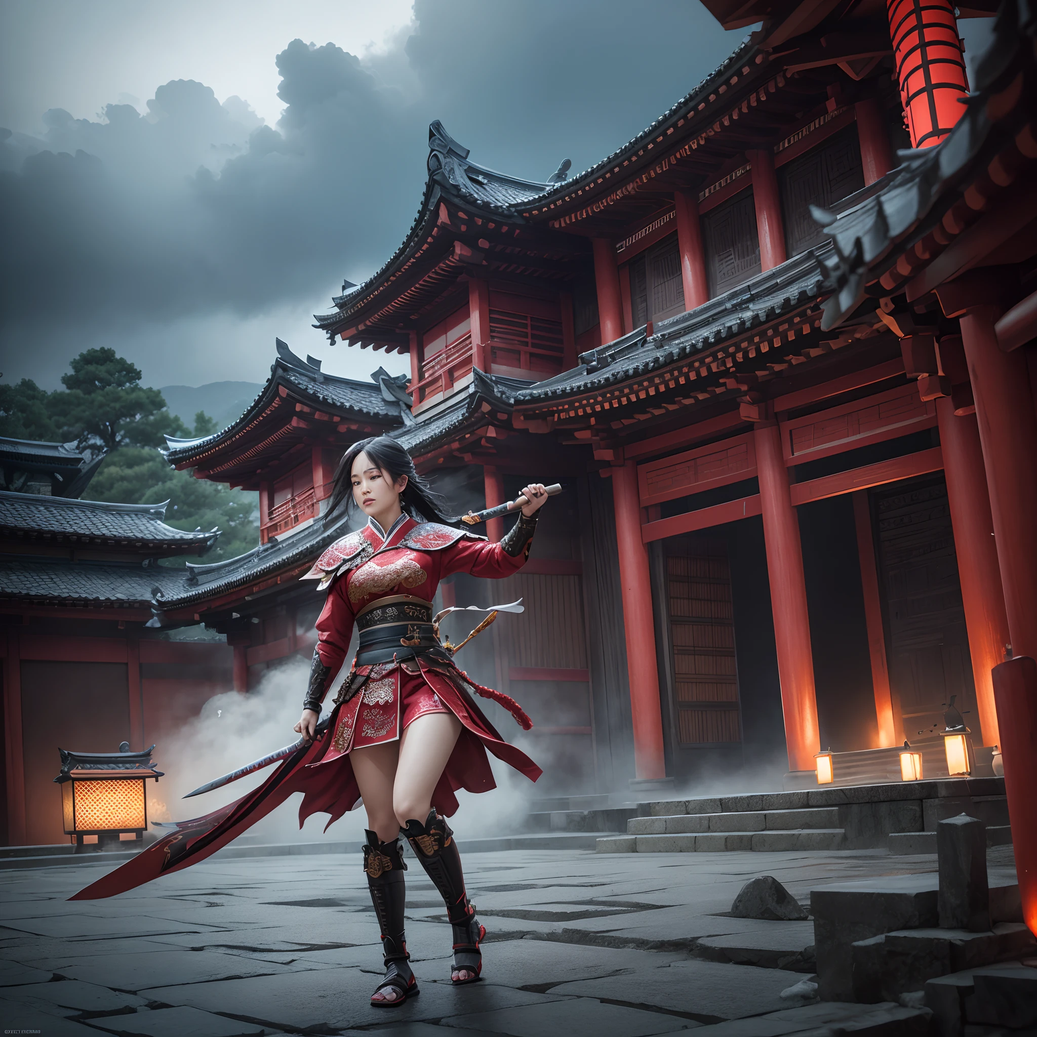 an ultra realistic wide angle epic full body battle shot of Mulan, intricate details, wearing a highly ultra realistic intricate detailed stunning red Samurai costume, ultra detailed sword, smooth edges and curves, surrounded by warriors, war battleground, dark, gothic, Old Japanese architecture palace buildings, photorealistic, cinematic, centered, wet ground, symmetrical volumetric lighting, ambient occlusion, unreal engine, photographed by Akira Kurosawa, inspired by Ran movie, bokeh, particuls, ultra detail