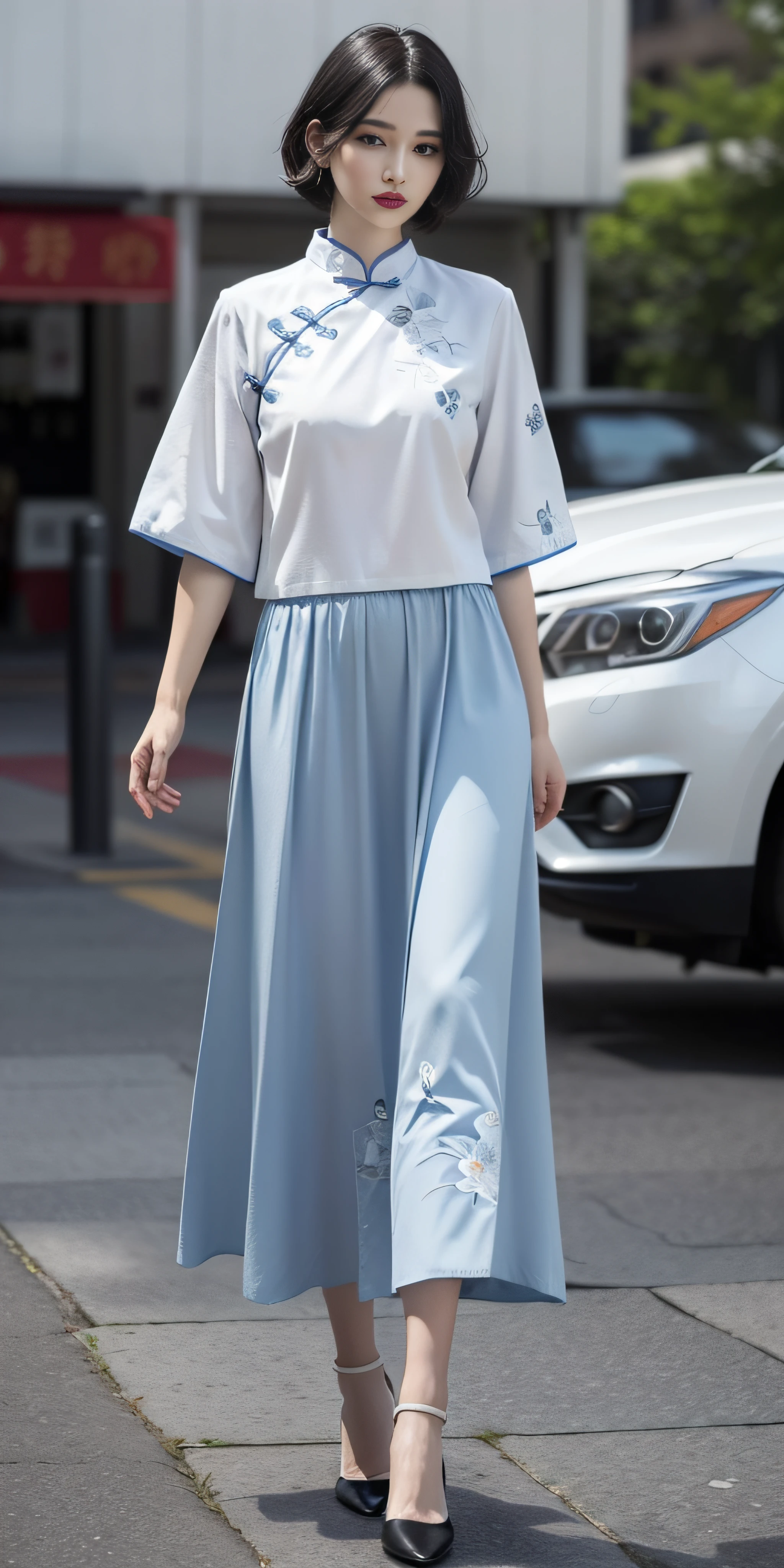 (blue chinese upshirt:1.2),(floral printed chinese upshirt:1.2),(white long skirt:1.2),(floral printed long skirt:1.2),1 girl,full body, high heels,(short hair:1.1), (realistic:1.7),((best quality)),absurdres,(ultra high res),(photorealistic:1.6),photorealistic,octane render,(hyperrealistic:1.2), (photorealistic face:1.2), (8k), (4k), (Masterpiece),(realistic skin texture), (illustration, cinematic lighting,wallpaper),( beautiful eyes:1.2),((((perfect face)))),(cute),(standing),(black hair),(short hair),black eyes,red lips, (outdoors),