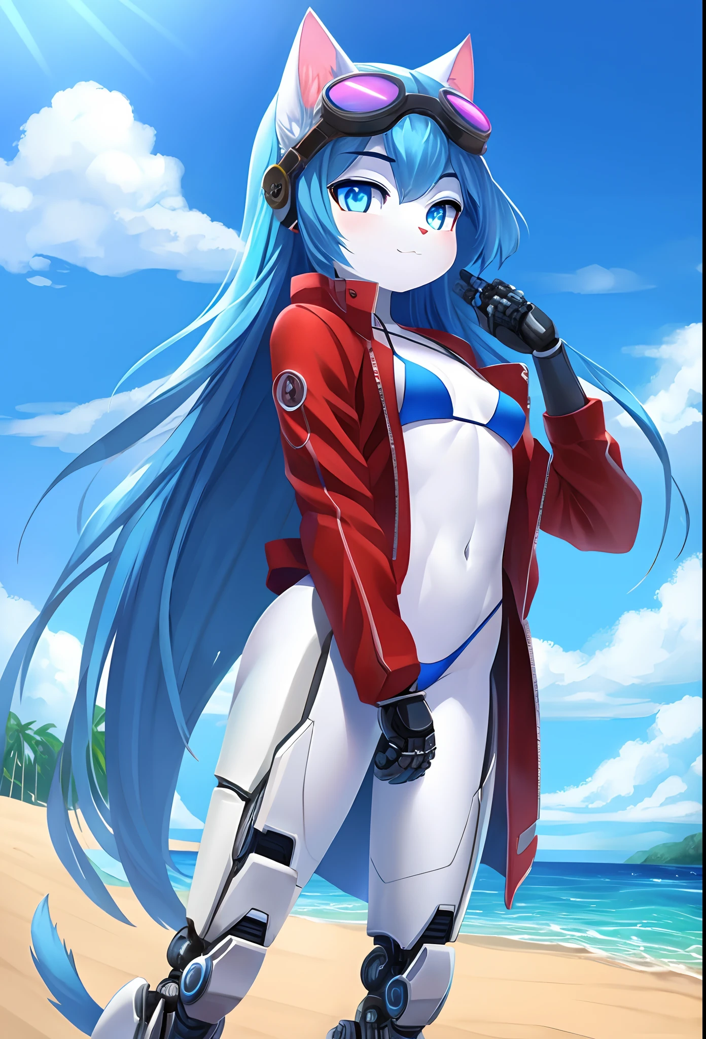 Furry girl, young, cat, blue hair, long hair, blue eyes, small breasts, detailed body fur, red Jacket, open clothes, blue bikini, goggles, masterpiece, looking at you, white body fur, detailed face, big eyebrows, detailed eyes, detailed body, beach, clear Sky, detailed hands, glistering body, skinny, cybernetic body lines, cybernetic body, Neon Eyes, cyborg body, sassy face, :3,