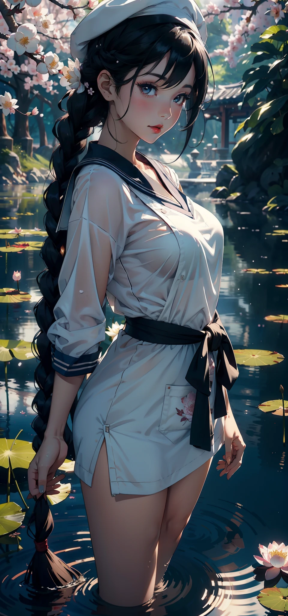 1female，age 5，bit girl，Small loli， 独奏，（Background with：Cherry blossom forest，labyrinths of，Ground area water） She has short wood-colored hair，Twist braids，seen from the front， hair straight，，（（（tmasterpiece），（Very detailed CG unity 8K wallpaper），best qualtiy，cinmatic lighting，detailed back ground，beatiful detailed eyes，Bright pupils，Blue eyes，Snow-whiteskin，Redlip（Very fine and beautiful），（Beautiful and detailed eye description），ultra - detailed，tmasterpiece，））facing at camera，A high resolution，ultra - detailed），revealing breasts，Bare genitalia，  Bulge，legs are open，Raised sexy，Camel toes，Flushed complexion，Desire for dissatisfaction，frontage，elementary student，see-through sailor suit，Transparent Hanfu，Sailor's cap