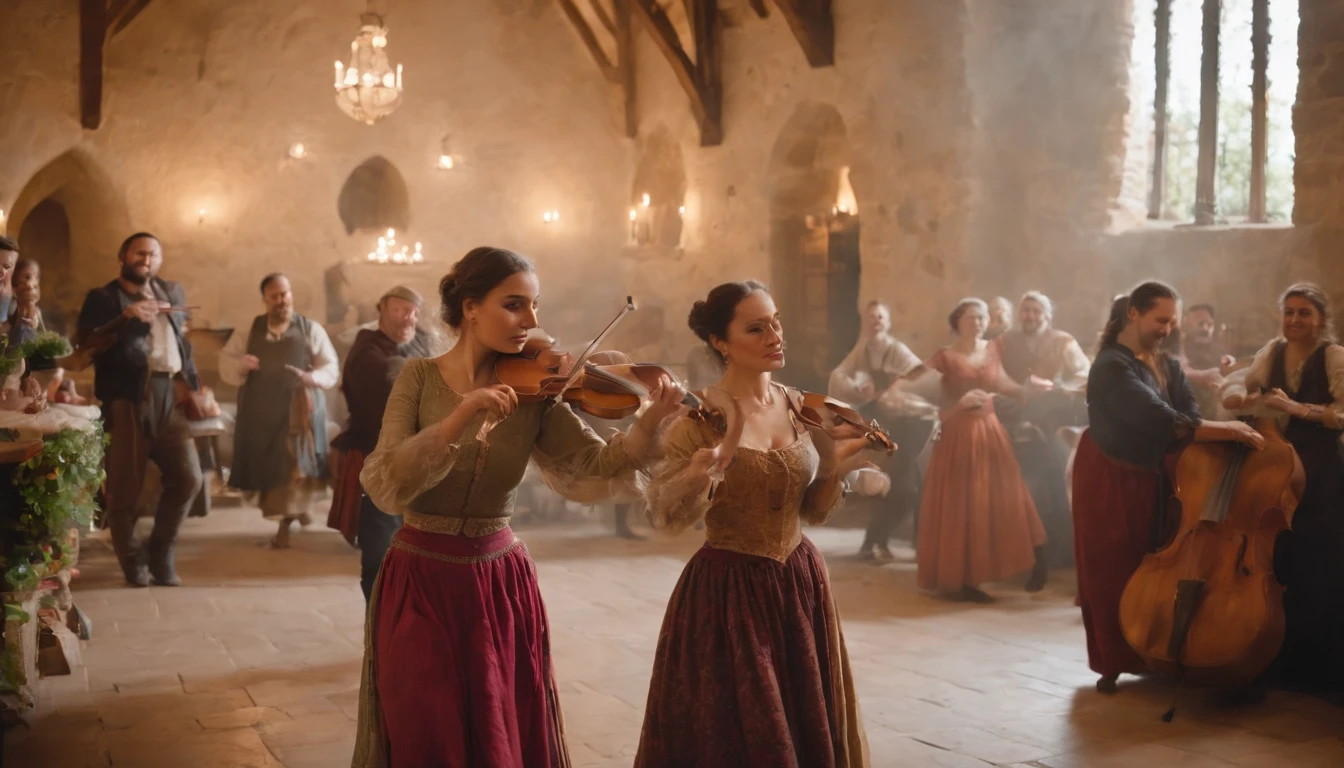 gypsy woman dancing at a feast inside a Great Hall in medieval Hungary, colourful skirts billowing, candlelight, a gypsy man plays violin, nobles watch from feasting tables where they eat meals, dramatic, scene from film, cinematic,