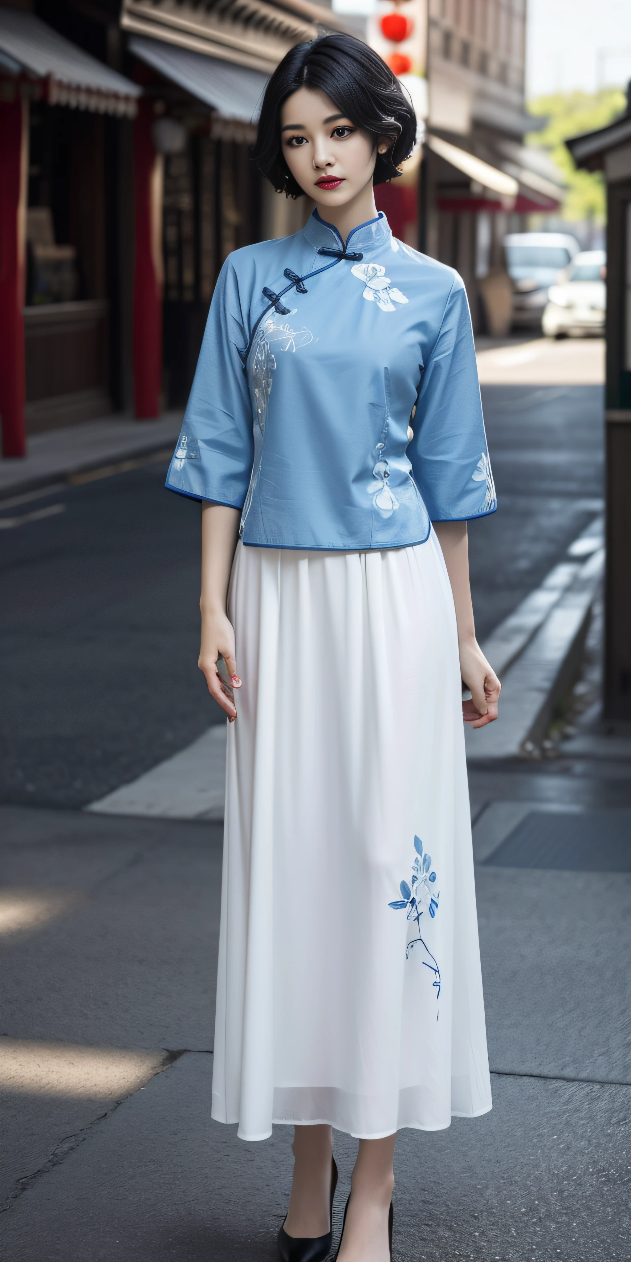 (blue chinese upshirt:1.2),(floral printed chinese upshirt:1.2),(white long skirt:1.2),(floral printed long skirt:1.2),1 girl,full body, high heels,(short hair:1.1), (realistic:1.7),((best quality)),absurdres,(ultra high res),(photorealistic:1.6),photorealistic,octane render,(hyperrealistic:1.2), (photorealistic face:1.2), (8k), (4k), (Masterpiece),(realistic skin texture), (illustration, cinematic lighting,wallpaper),( beautiful eyes:1.2),((((perfect face)))),(cute),(standing),(black hair),(short hair),black eyes,red lips, (outdoors),