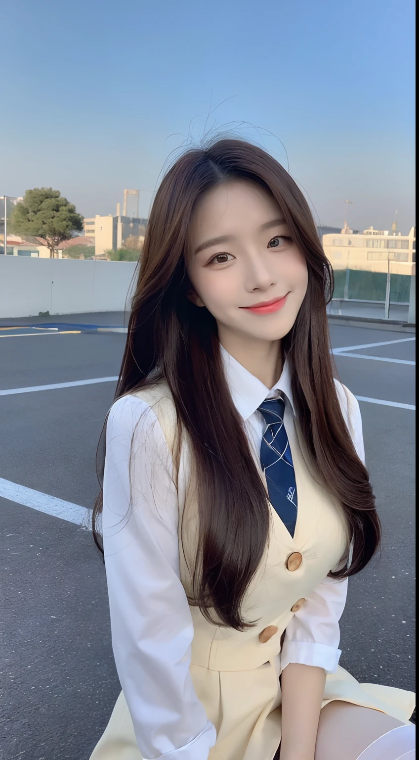 (1 Korean star with royal sister style), ((Best quality, 8K, Masterpiece: 1.3)), Focus: 1.2, Perfect body beauty: 1.4, (Make a smile), (Blue sky and white clouds 1.3),lawns,Half-seated eyes watery, Highly detailed face and skin texture, Fine eyes, Double eyelids, Whitens the skin, (Long hair, Air bangs: 1.3), (face round: 1.5), (JK school uniform: 1.4), (Standing on the roof: 1.6),(white stockings: 1.4),(film grain style:1.3),a sense of atmosphere