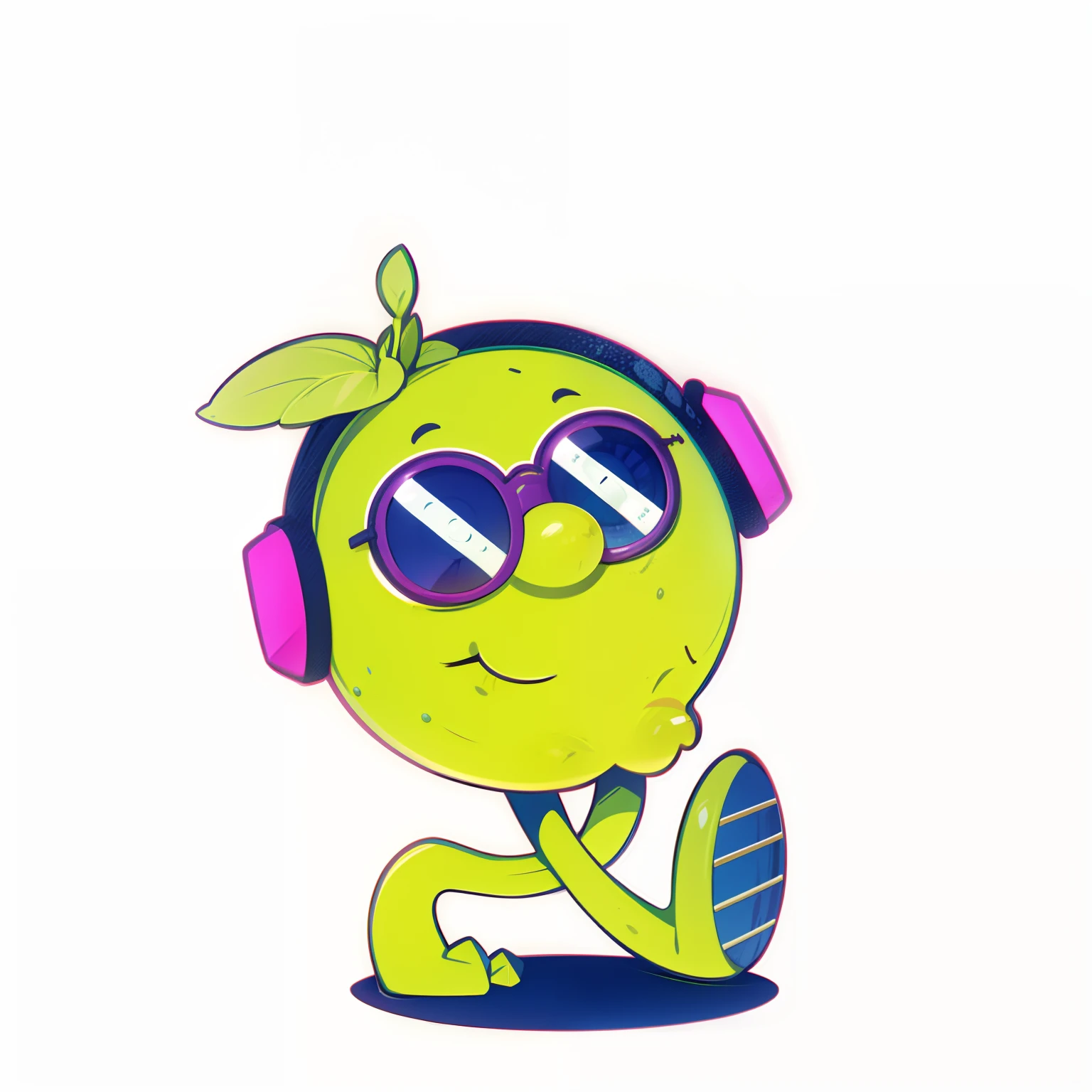 Un primer plano de un personaje de dibujos animados con auriculares y un par de gafas de sol, 🐿🍸🍋, lemon with sunglasses, 🍸🍋, y sombreado de la pelota de tenis, y 2 k cutecore clowncore, Su nombre es blussy he loves acid synths, Chillhop
