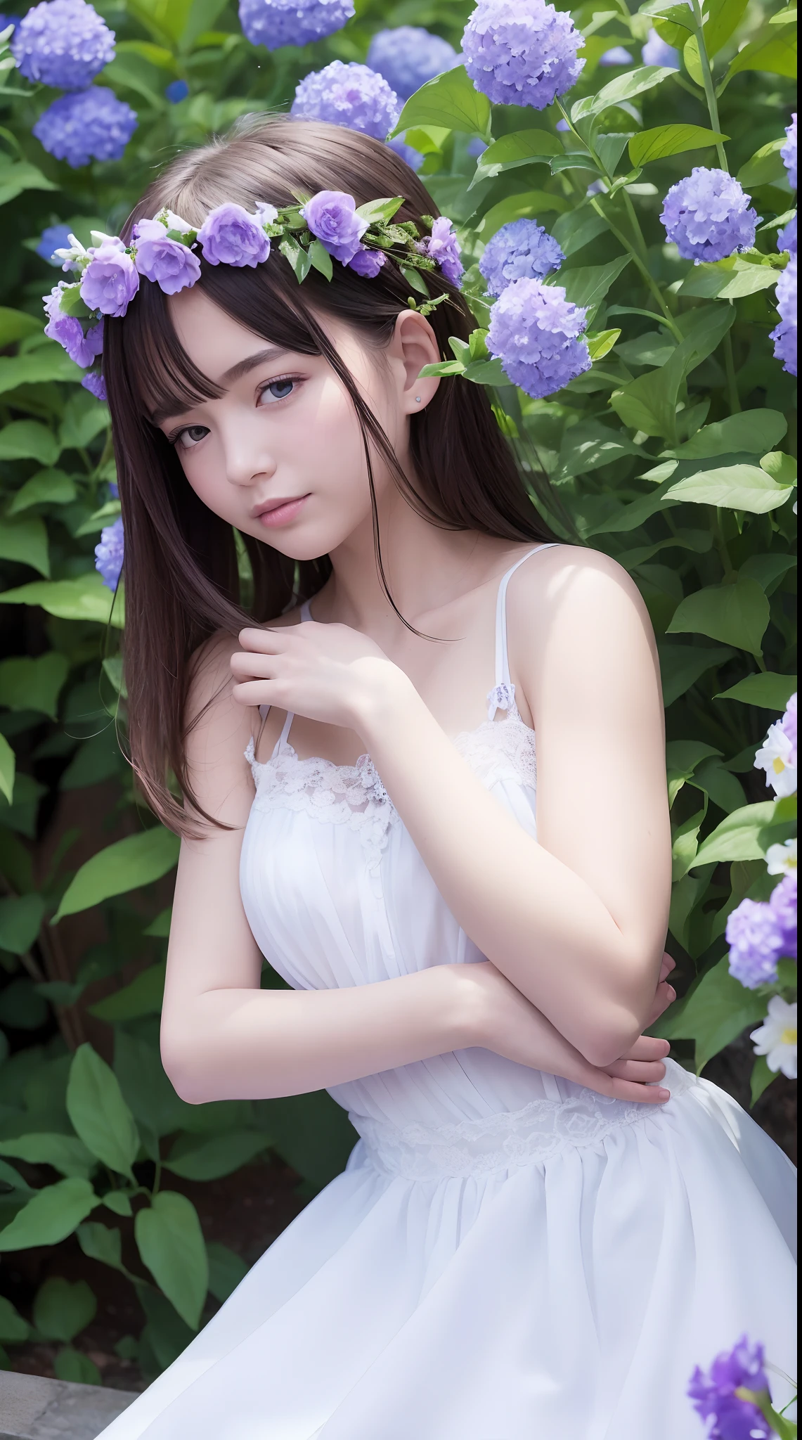 (Best quality,4K,A high resolution),Girl in the garden,Blind,Feel it with your arms,Gently caressing the petals she encountered,Connected to nature and beautiful blue flowers,There is a touch of purple in the white dress