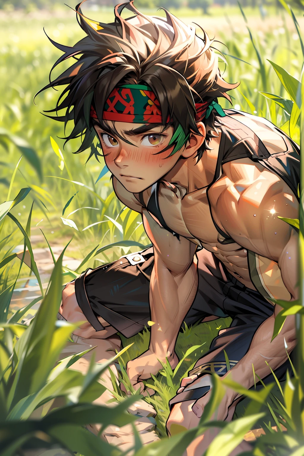 Swimwear boy Embarrassing suffer thin Black Hair juvenile anime Upper body naked Embarrassing Green Eyes Yellow Eyes Foot on the ground Bangs hanging over the eyes Are thin large delicate eyes Thin legs Slightly brown skin ((Fine details)), Best Shadow,Cinema Lighting,Highest quality,((Very detailed)) masterpiece Torn clothes Side view A green bandana is visible on his forehead.