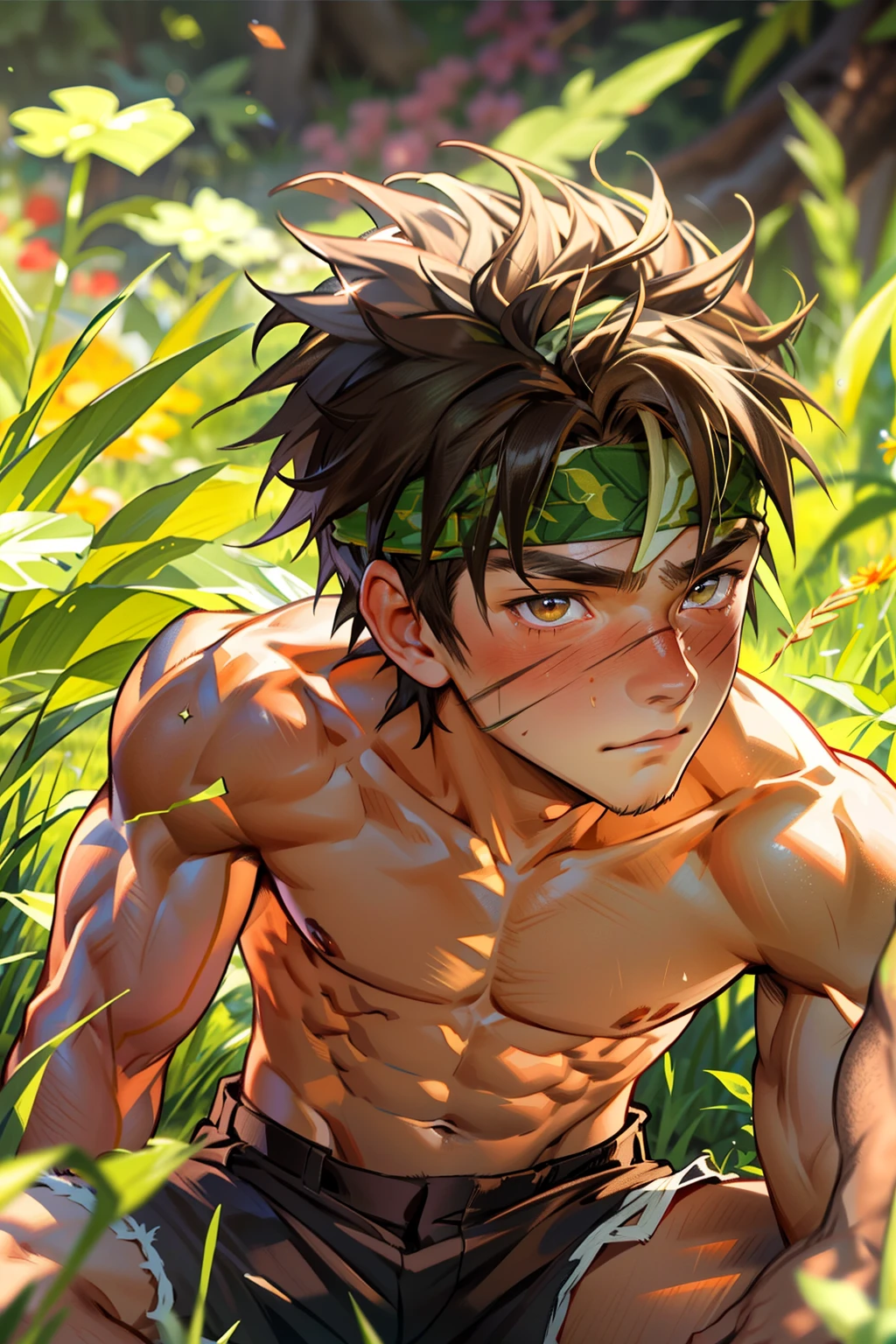 One Shirtless Adult Boy with Green Shorts, Barefoot in the Jungle with Brown Nipples