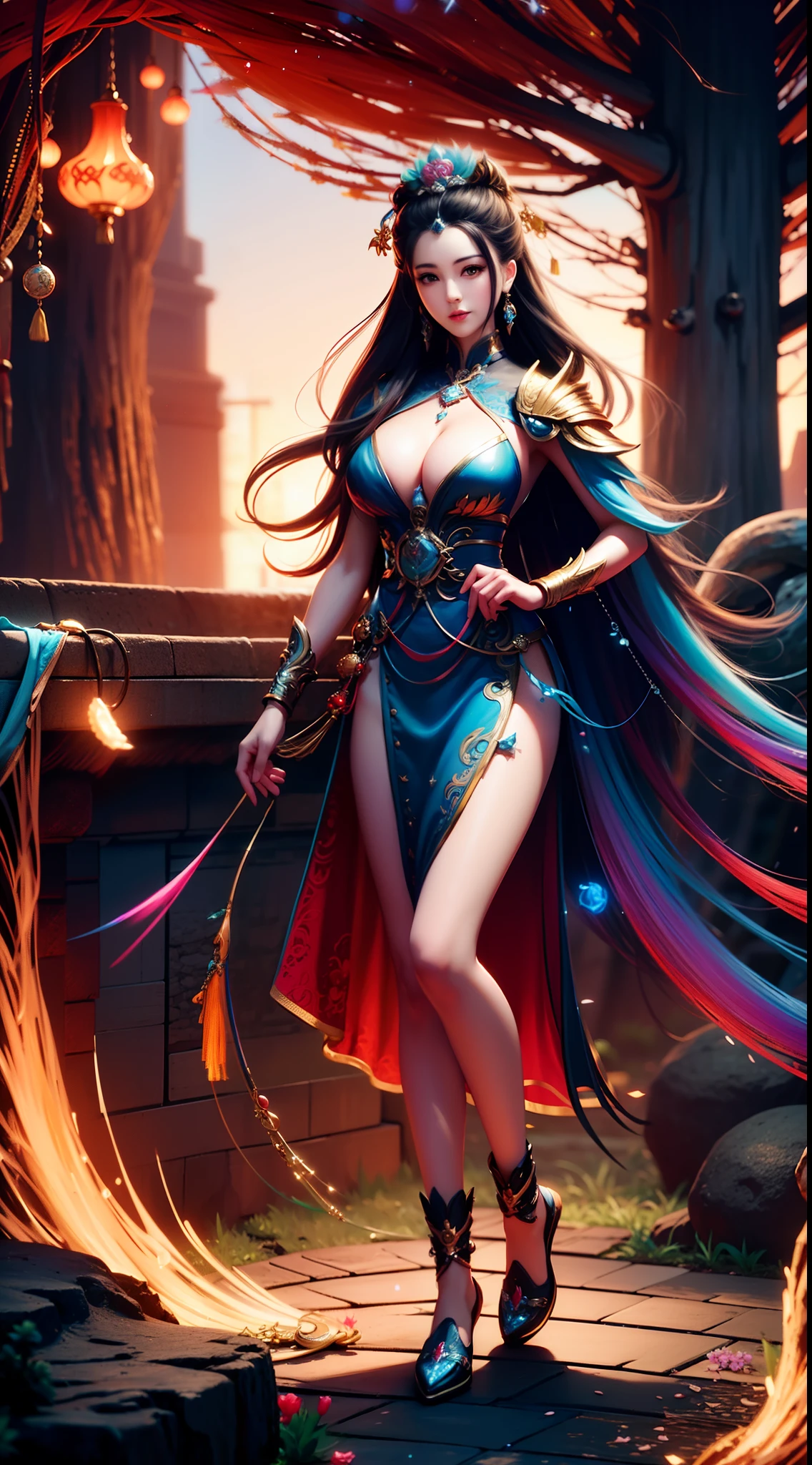 Stylish image of a woman dressed in rainbow with long hair, super plump breasts, full body xianxia, goddess. very high detail, trending on cgstation, irelia from league of legends, beautiful celestial mage, 8k high quality detailed art, irelia, astral mage outfit, beautiful highly detailed fanart, smooth cg art, highly detailed goddess shot, background back: chinese fantasy mountains,