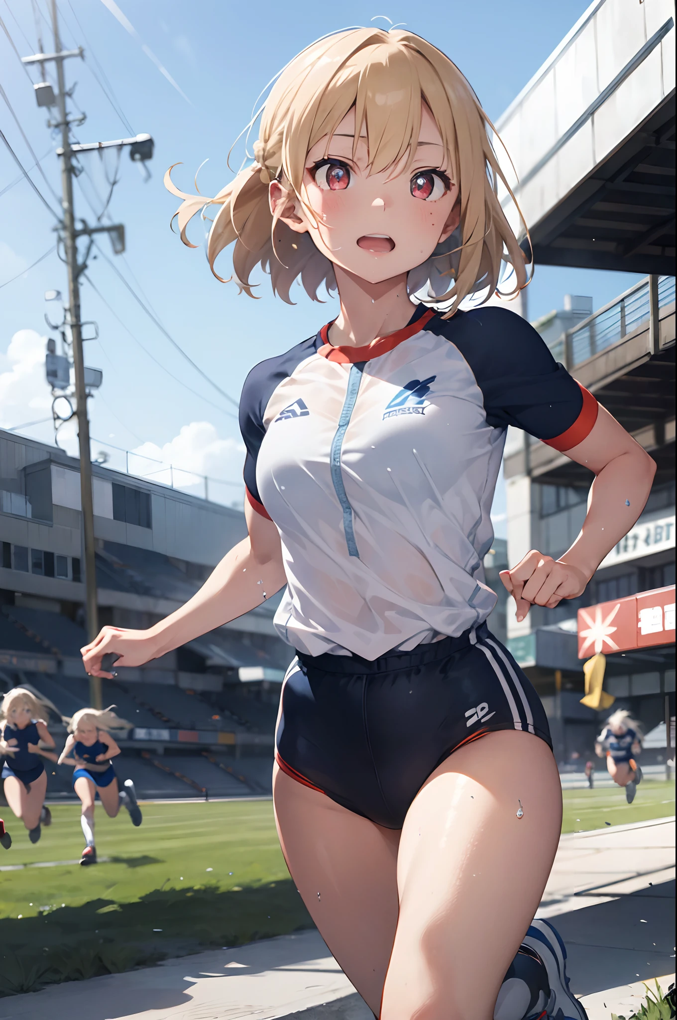 (top-quality、in 8K、32K、​masterpiece、nffsw、超A high resolution、Impresionismo、Photorealsitic:1.2)、Angle from above、High angle、cowboy  shot、foco nítido、detailed faces and eyes、school ground、athletic field、Evening glow、beauitful face、blurry backround、16-year-old beautiful girl、shinny skin、Sharp pupils、Realistic pupils、Full body, school ground、beauitful face、blurry backround、18 year old beautiful girl、shinny skin、short-hair、Platinum blonde beautiful hair、Red Eyes、(Athletics Costumes、Running:1.3)、thighs thighs thighs thighs、Curve、Dynamic Poses、Navel Ejection、wetted skin、wetting hair、Powerful composition