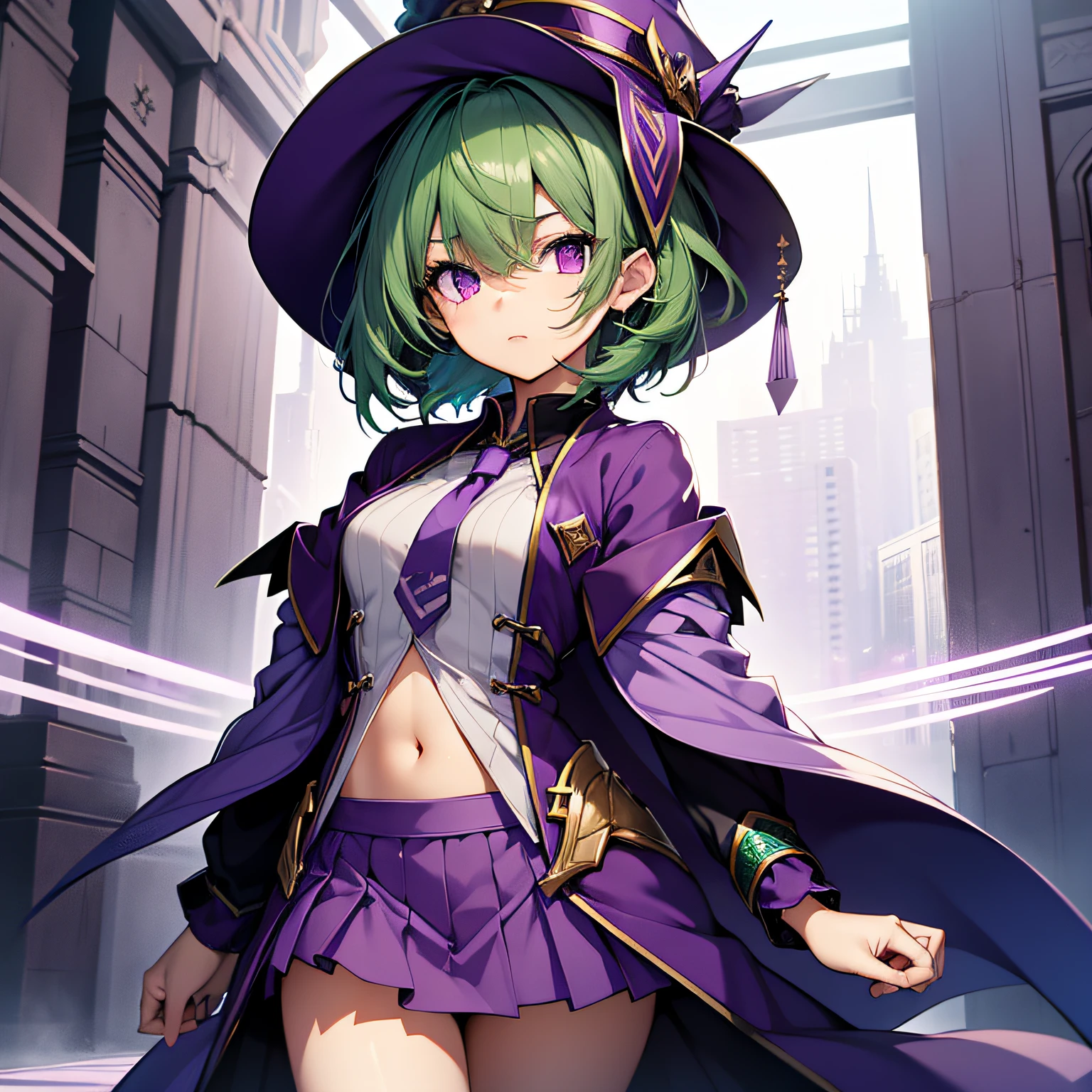 Top quality, very delicate and beautiful, ( girl), purple eyes, green hair, short hair, (purple pointy hat), purple tie, one, short sleeves, purple skirt, purple wizard robe, navel