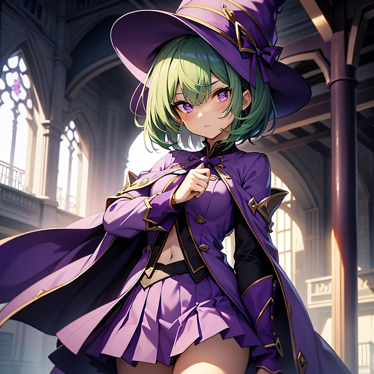 top-quality、extremely delicate and beautiful、(A age girl)、Purple Eye、Green hair、short-haired、(Purple pointy hat)、Purple tie、Soio、shortsleeves、Purple skirt、Purple Wizard Robe、Navel、is standing、fist