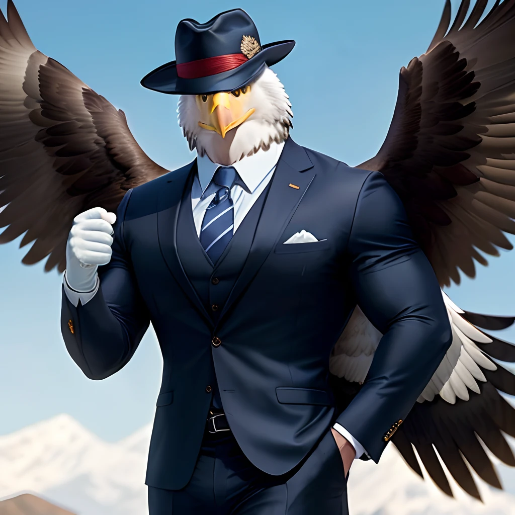 Anthro eagle muscled wear mimitary suit with a tie with a hat