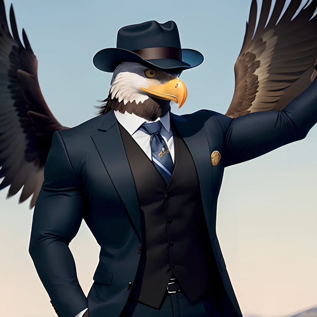 Anthro eagle muscled wear  mimitary suit   with a tie with a hat