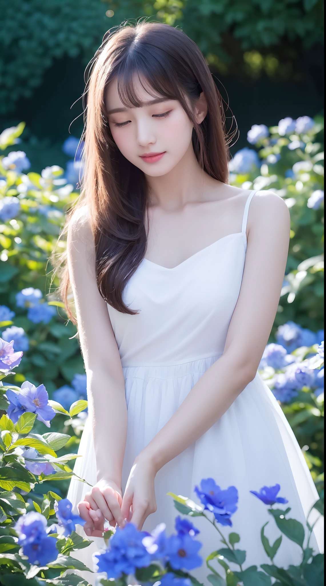 (Best quality,4K,A high resolution),Girl in the garden,Blind,Feel it with your arms,Gently caressing the petals she encountered,Connected to nature and beautiful blue flowers,There is a touch of purple in the white dress