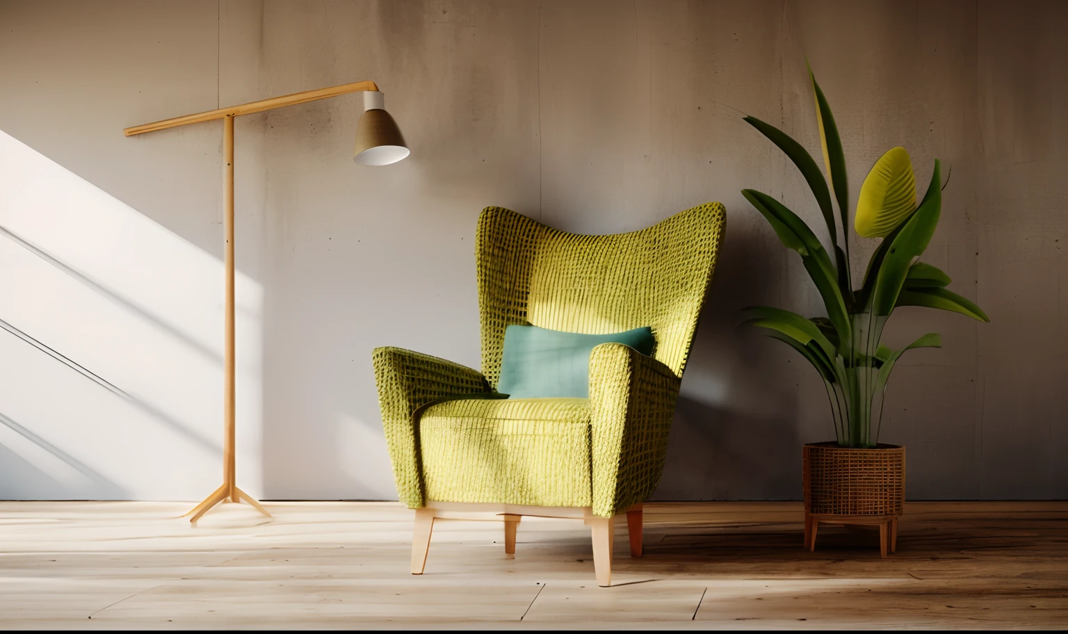 Fabric chair, wooden leg, realistic plant, day light, Scandinavian style