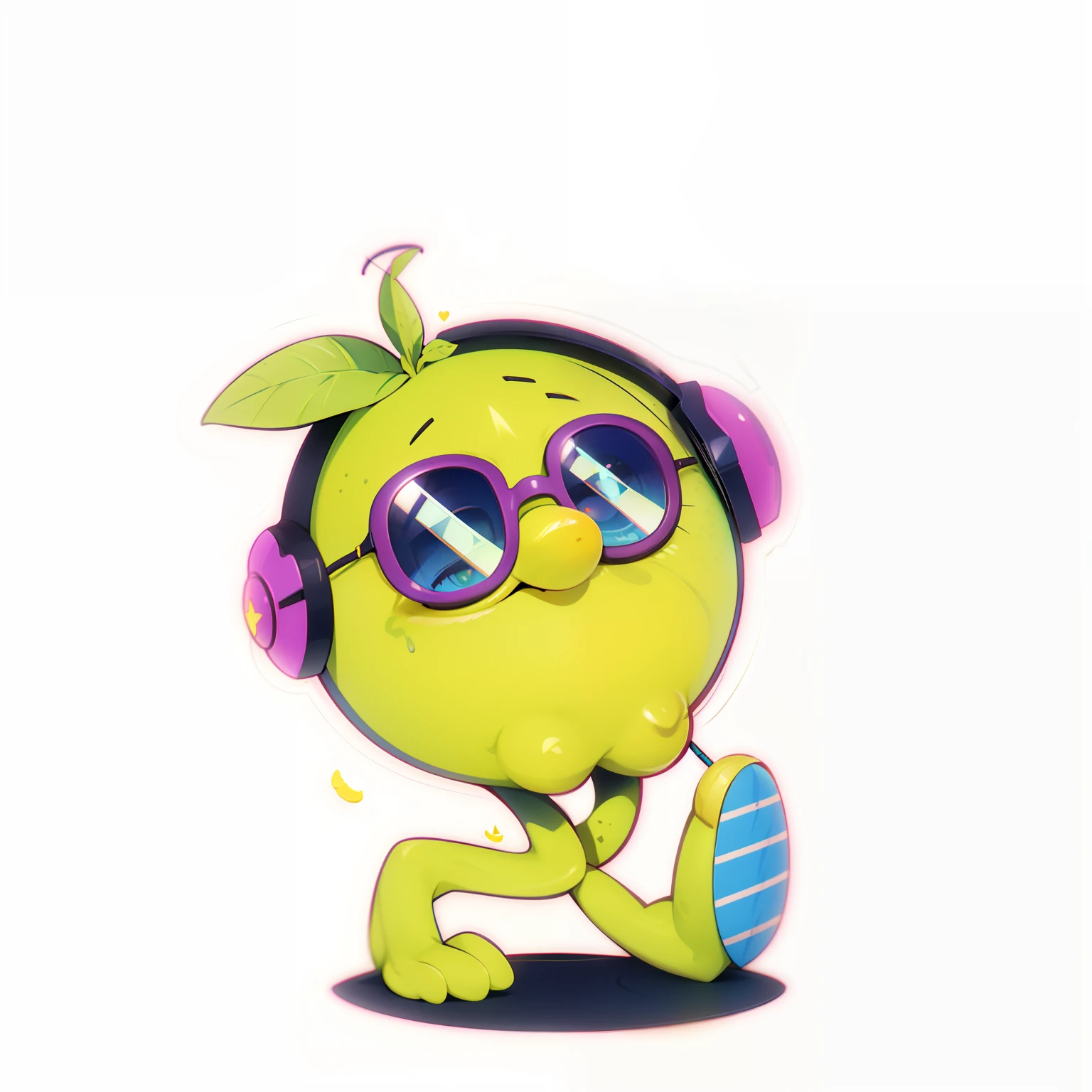 Un primer plano de un personaje de dibujos animados con auriculares y un par de gafas de sol, 🐿🍸🍋, lemon with sunglasses, 🍸🍋, y sombreado de la pelota de tenis, y 2 k cutecore clowncore, Su nombre es blussy he loves acid synths, Chillhop