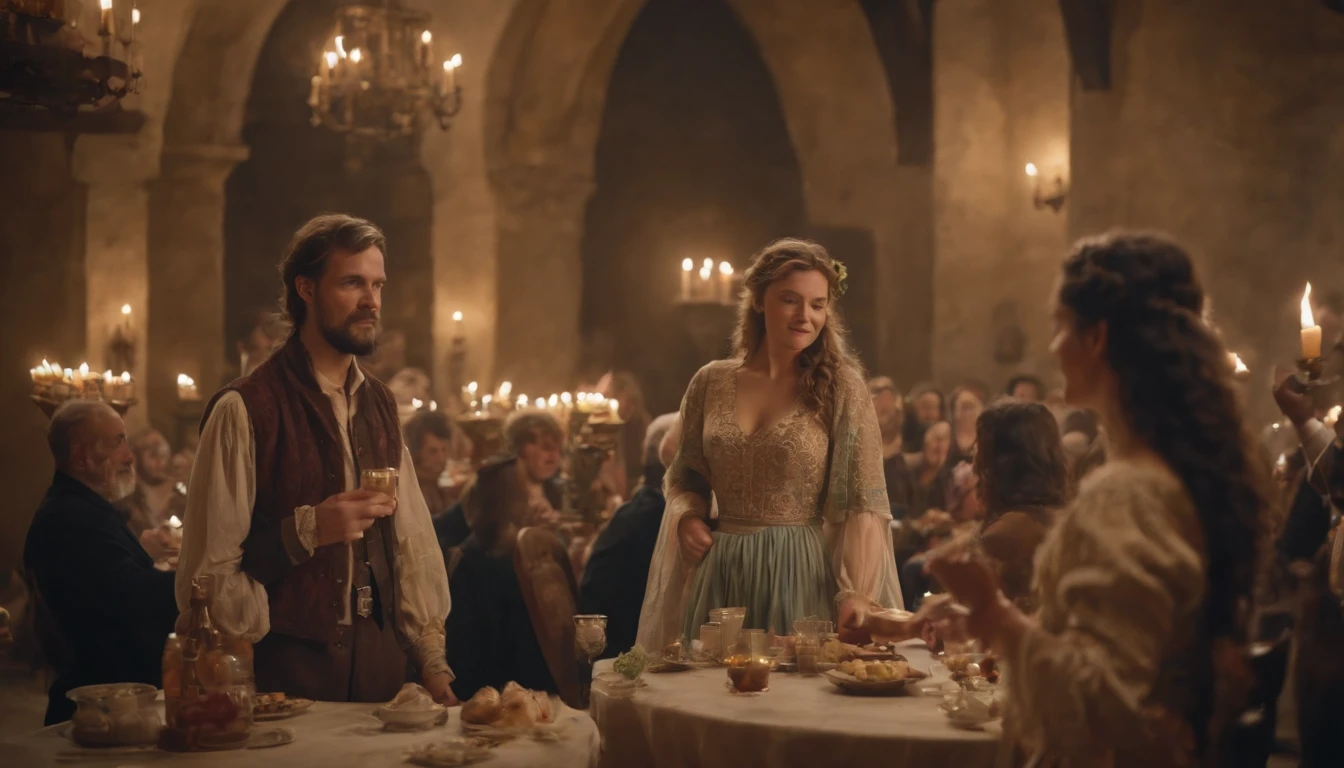 medieval Hungary, a large elaborately decorated great hall, crowd of nobles feasting at tables, a gypsy woman with a swirl of colourful skirts dances whilst a gypsy man plays violin, candles, night, cinematic scene from film,