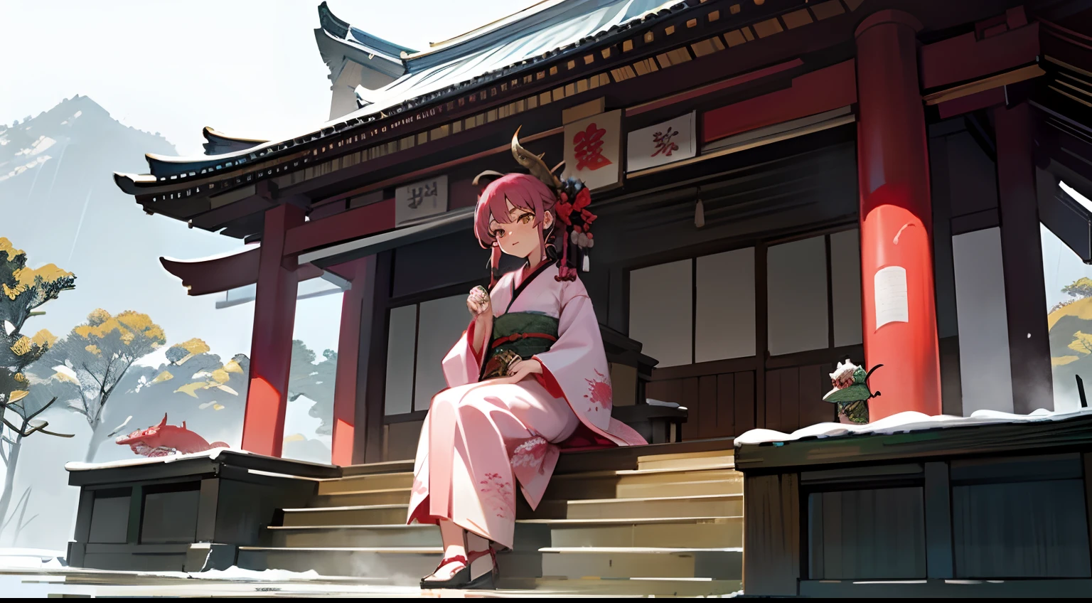 ((An 18-year-old woman wearing a kimono who came to visit the shrine、Find a little dragon abandoned in a cardboard box, Wearing a kimono depicting a dragon rising on gorgeous white fabric,))Little dragon in cardboard box looking at woman in kimono,18-year-old woman in kimono crouches down and stares at dragon,Woman in kimono smiling on screen,View here,Pink Kurdish hair, There is a large bell in the background, Shrine shimenawa and offering box.,Deep snow々and raining,