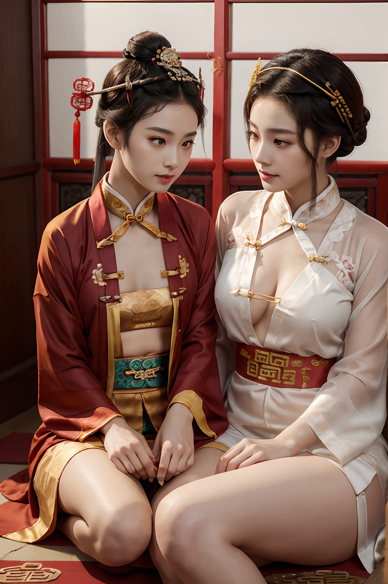 a couple of lesbians sitting together,Taoist,single hairbun,(an ancient Chinese hairstick on her head:1.5),Use mahogany hairpins,(reveals transparent clothing),leering:1.4,Reveals translucent lace panties,(ulzzang-6500-v1.3,pureeroface_v1,octane rendering),elegant pose,xxmix girl woman,perfect composition golden ratio, masterpiece, best quality, 4k, sharp focus. Better hand, perfect anatomy.
