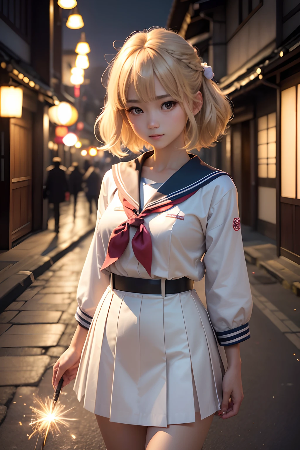 (8K、Raw photography、top-quality、​masterpiece:1.2)、(realisitic、Photorealsitic:1.37)、ultra-detailliert、超A high resolution、女の子1人、see the beholder、beautifull detailed face、A smile、Constriction、(Slim waist) :1.3)、Beautiful detailed skin、Skin Texture、Floating hair、Professional Lighting、Whole human body、Longhaire、a blond、japanese hight school uniform、a sailor suit、matsuri、In the street、sparklers、Bob Hair、Natural background